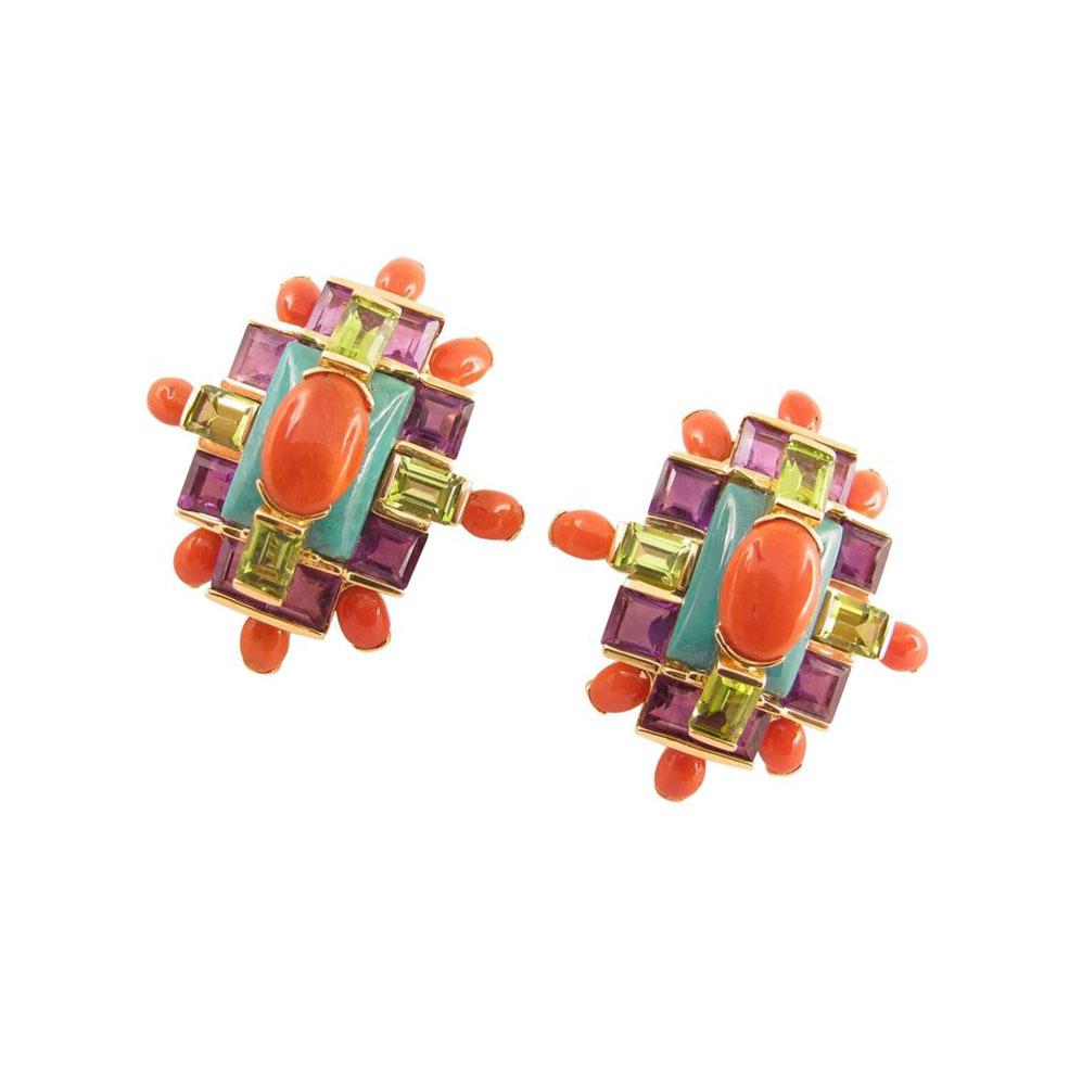 Contemporary Tony Duquette Coral Turquoise Amethyst and Peridot Gold Statement Clip Earrings 