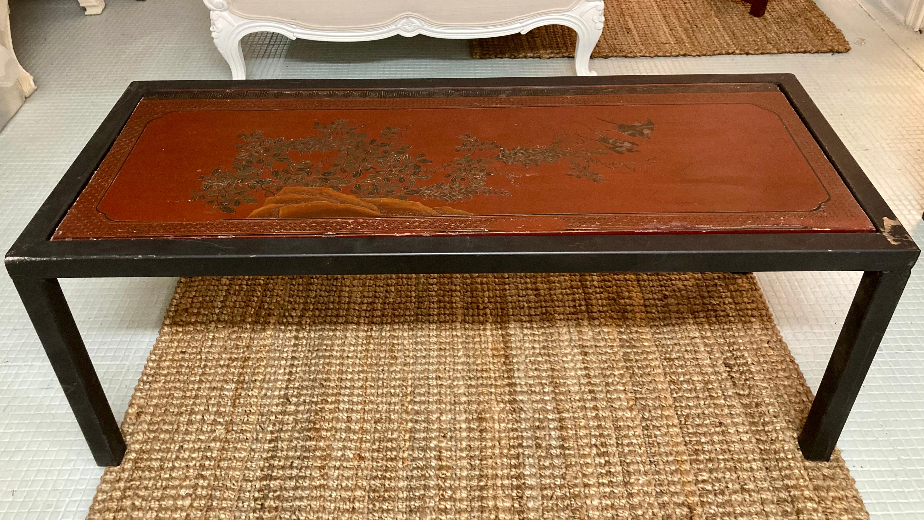 Beautiful Tony Duquette custom coffee table with inset Chinese panel. Nice drawing details on the panel. We have a second table very similar to this piece with slightly different dimensions, so collect both! From the Estate of Tony Duquette.