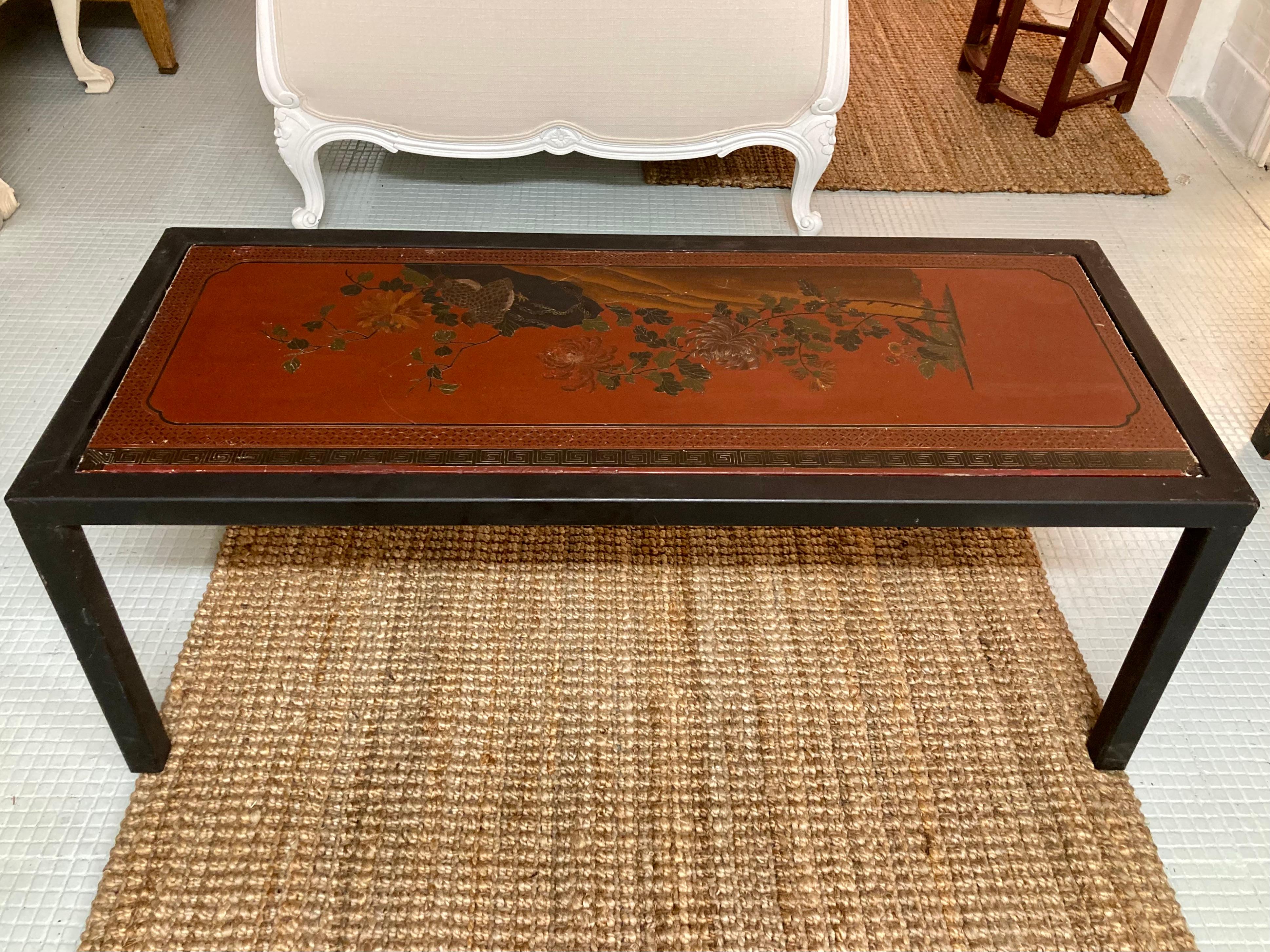 Beautiful Tony Duquette custom coffee table with inset Chinese panel. Nice drawing details on the panel. We have a second table very similar to this piece with slightly different dimensions, so collect both! From the Estate of Tony Duquette.
