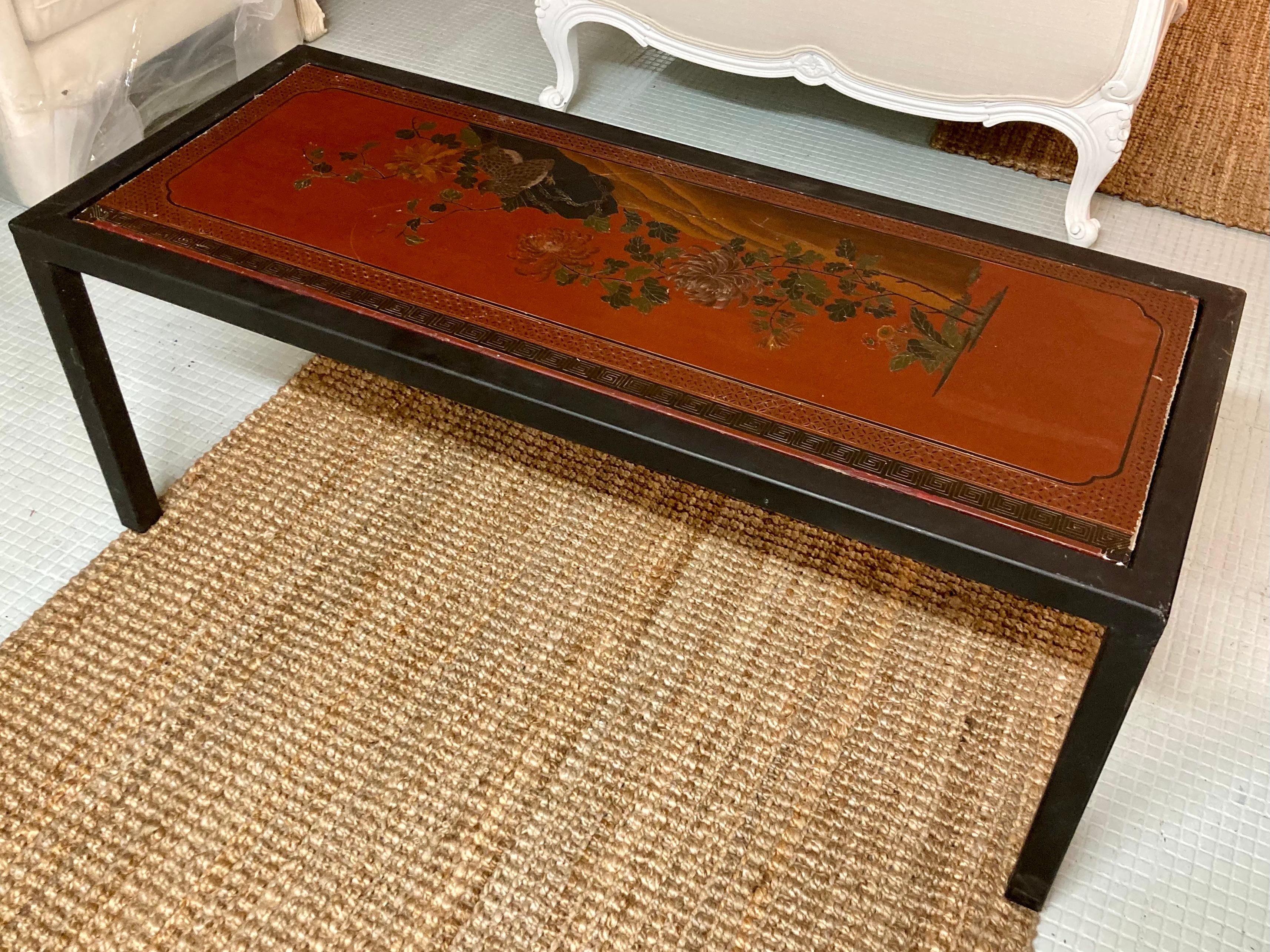 American Tony Duquette Custom Coffee Table With Inset Chinese Panel For Sale
