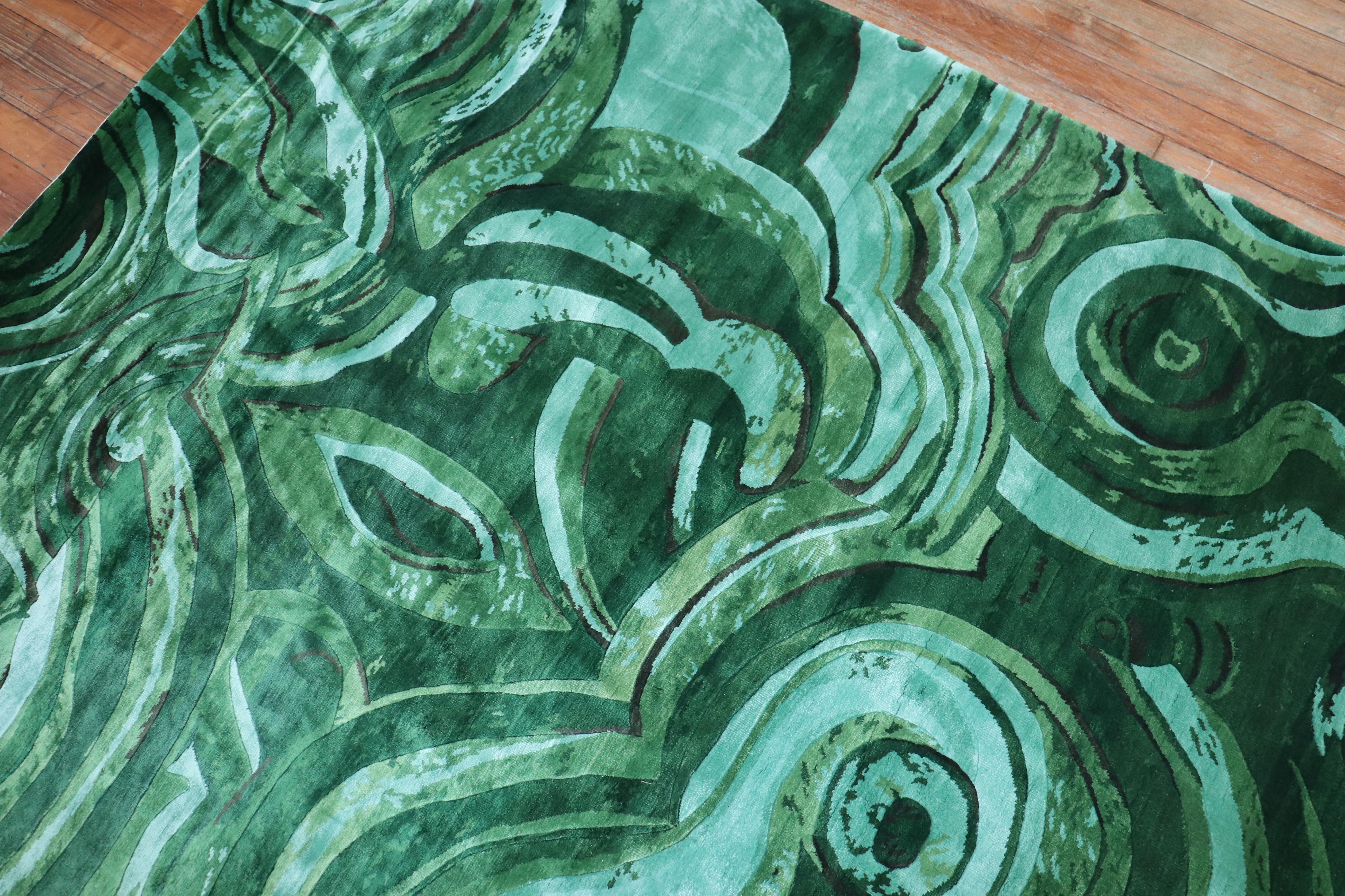 Streamlined Moderne Tony Duquette Emerald Green Malachite Modern Silk Rug