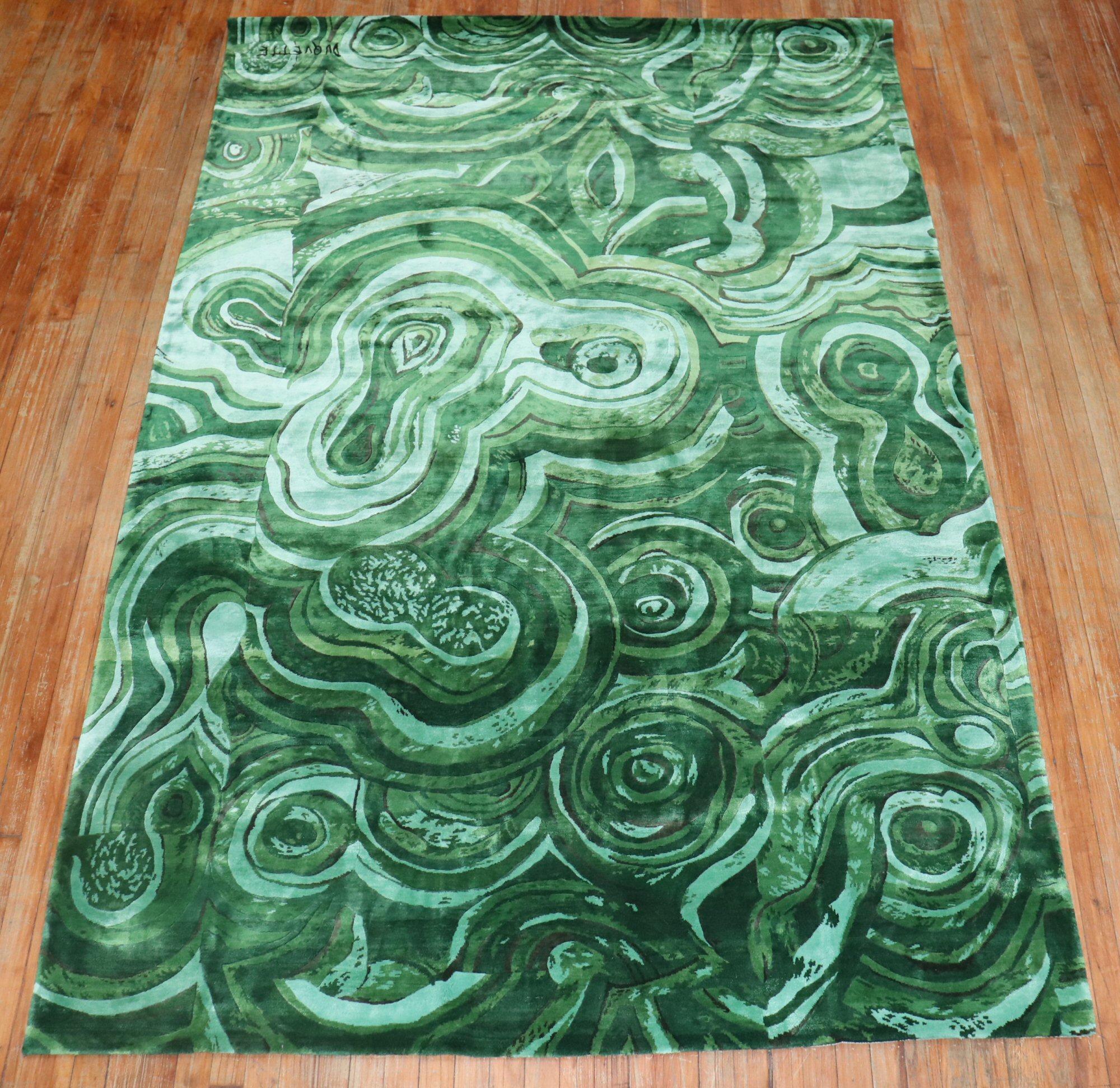 Chinese Tony Duquette Emerald Green Malachite Modern Silk Rug