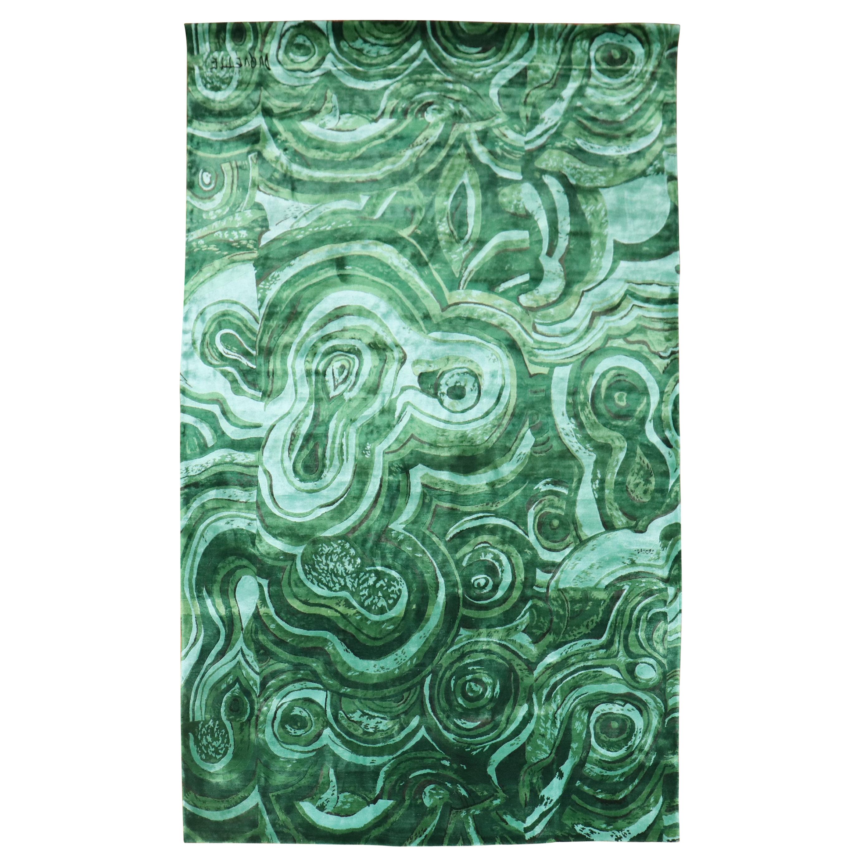 Tony Duquette Emerald Green Malachite Modern Silk Rug