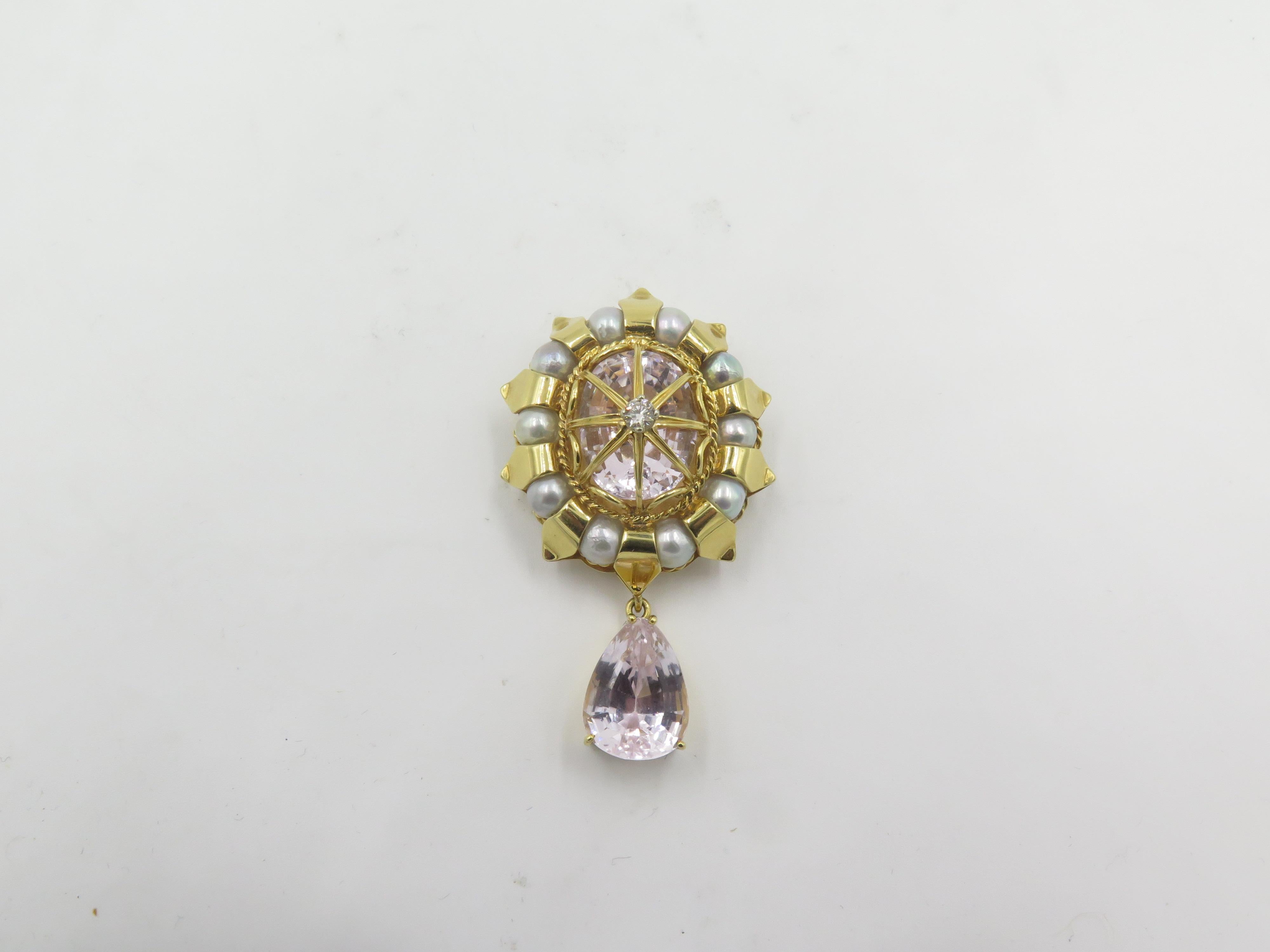 Tony Duquette Kunzite Pearl Diamond Gold Brooch In Excellent Condition In New York, NY