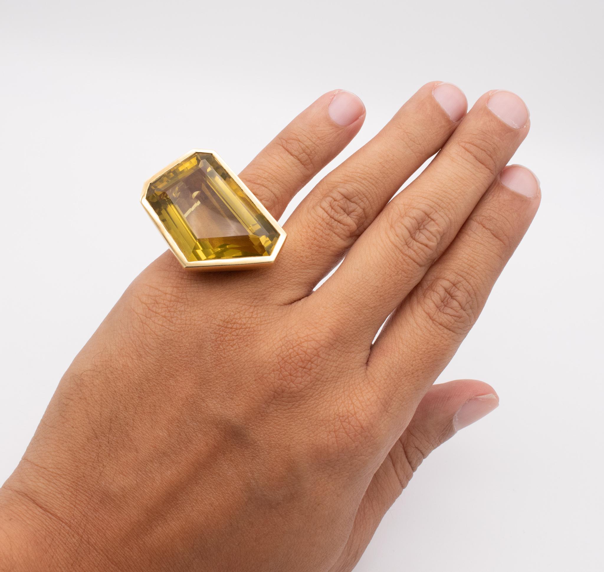 Modernist Tony Duquette Massive Geometric Cocktail Ring 18 Karat Yellow Gold 85cts Citrine For Sale