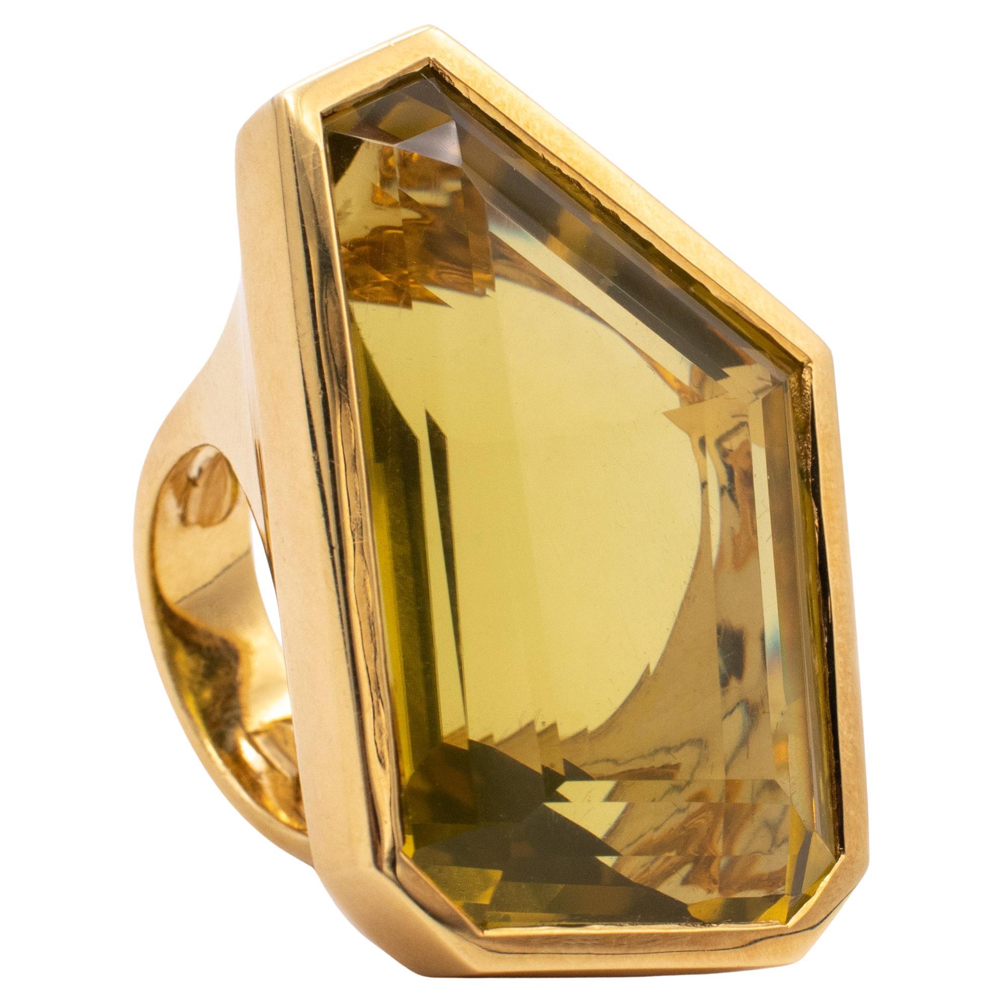 Tony Duquette Massive Geometric Cocktail Ring 18 Karat Yellow Gold 85cts Citrine For Sale