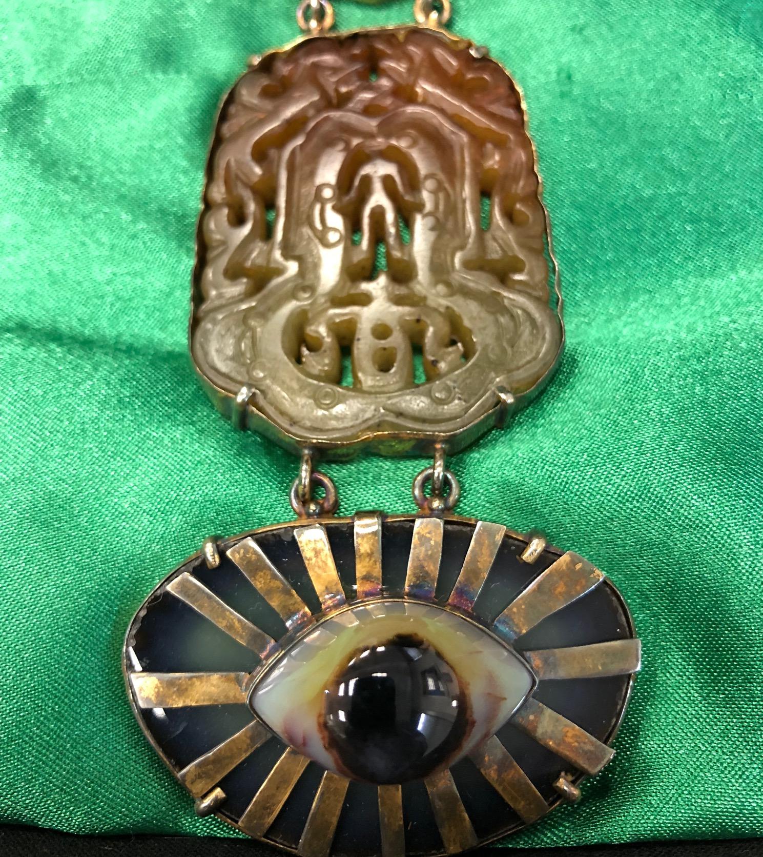 Tony Duquette Overscaled Eye Talisman Tiger's Eye Hard Stone Plaque Bib Necklace In Good Condition For Sale In New York, NY