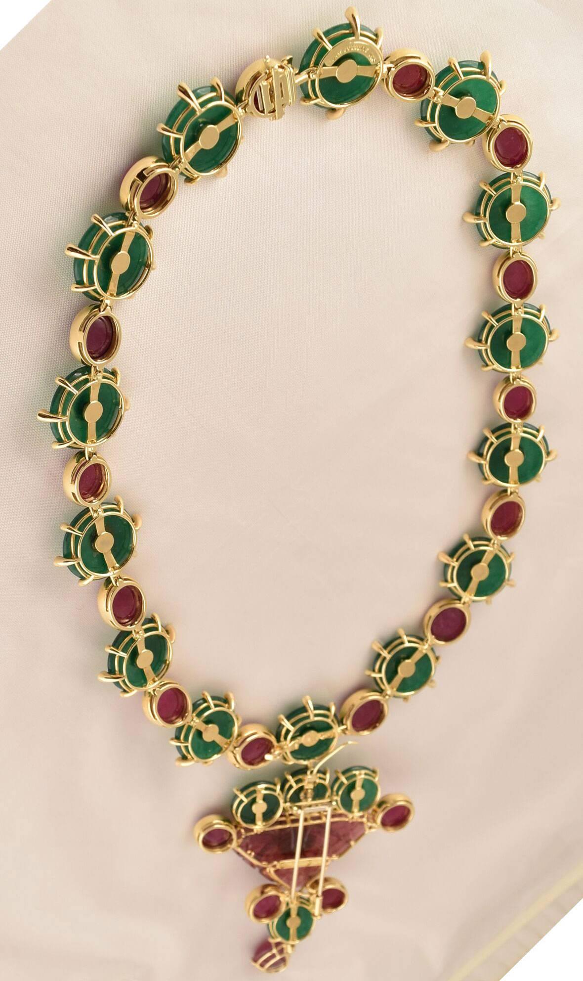 Beautiful Ruby, Star Ruby, Agate and Diamond Statement Necklace, hand crafted in 18k Gold by Tony Duquette, Designer Extraordinaire! Cabochon Ruby (app. 166ct); Cabochon Star Ruby (app. 35ct); dyed Agate (app. 160ct); Diamond (app. 1.309ct); with