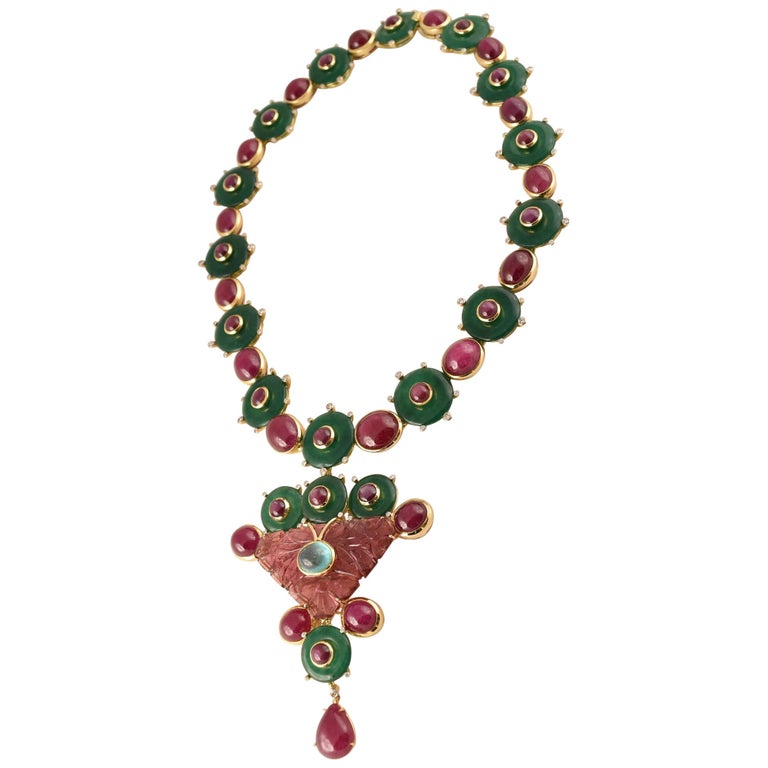 Tony Duquette Ruby, Star Ruby, Agate, Emerald and Diamond Gold Brooch ...
