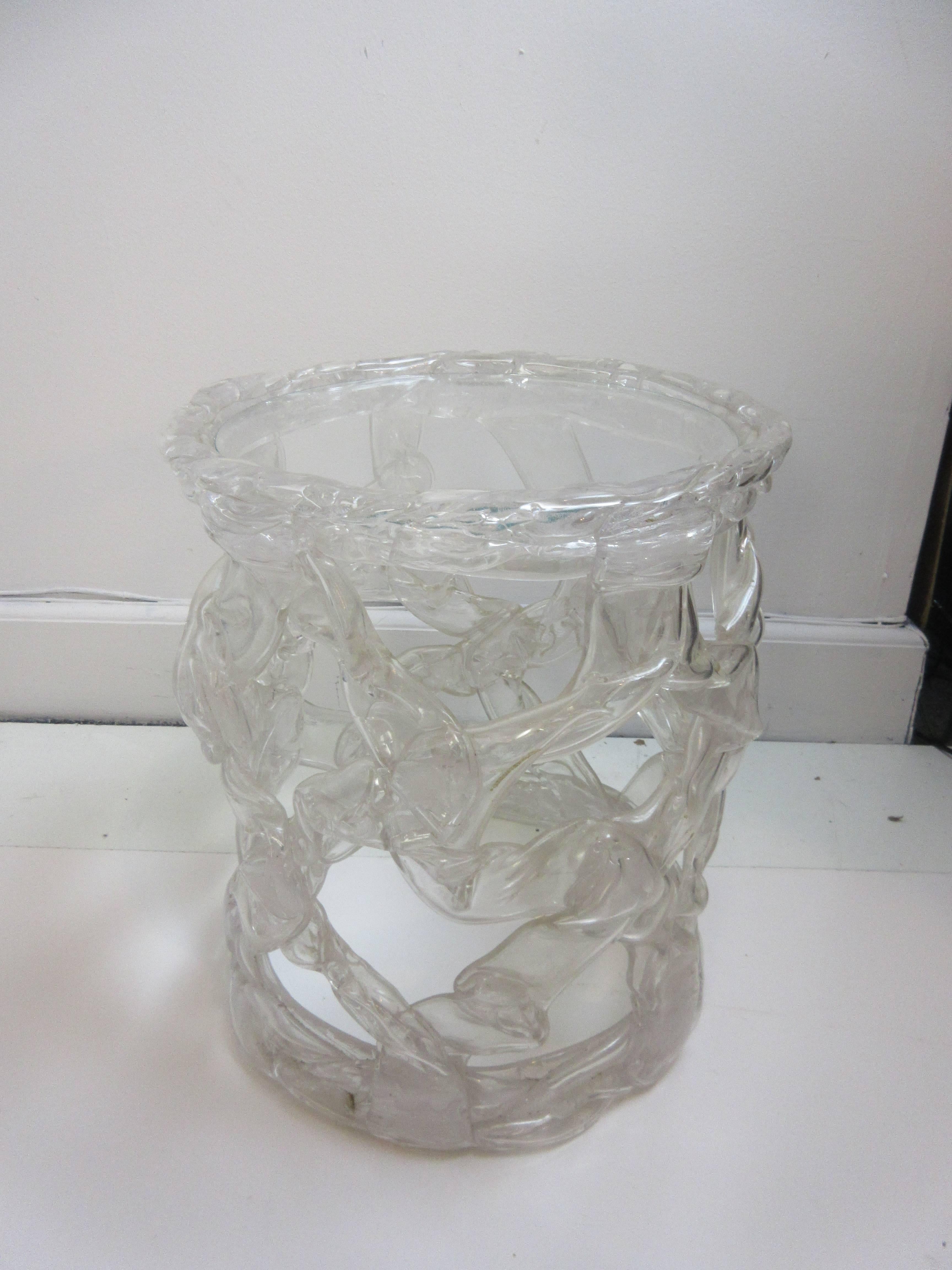 Tony Duquette style acrylic side table with glass top. Primitive brutalism using the most technological modern mediums.