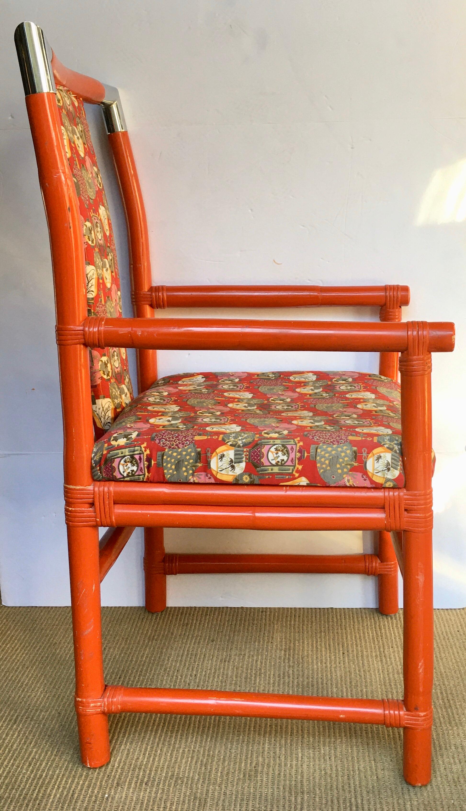 Tony Duquette Style Chinoiserie Asian Bamboo Wood and Chrome Armchair, 1970s In Good Condition In Lambertville, NJ