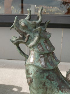 Tony Duquette Style Thai Bronze Foo Dogs Inset with Antique Mirrors and Agate