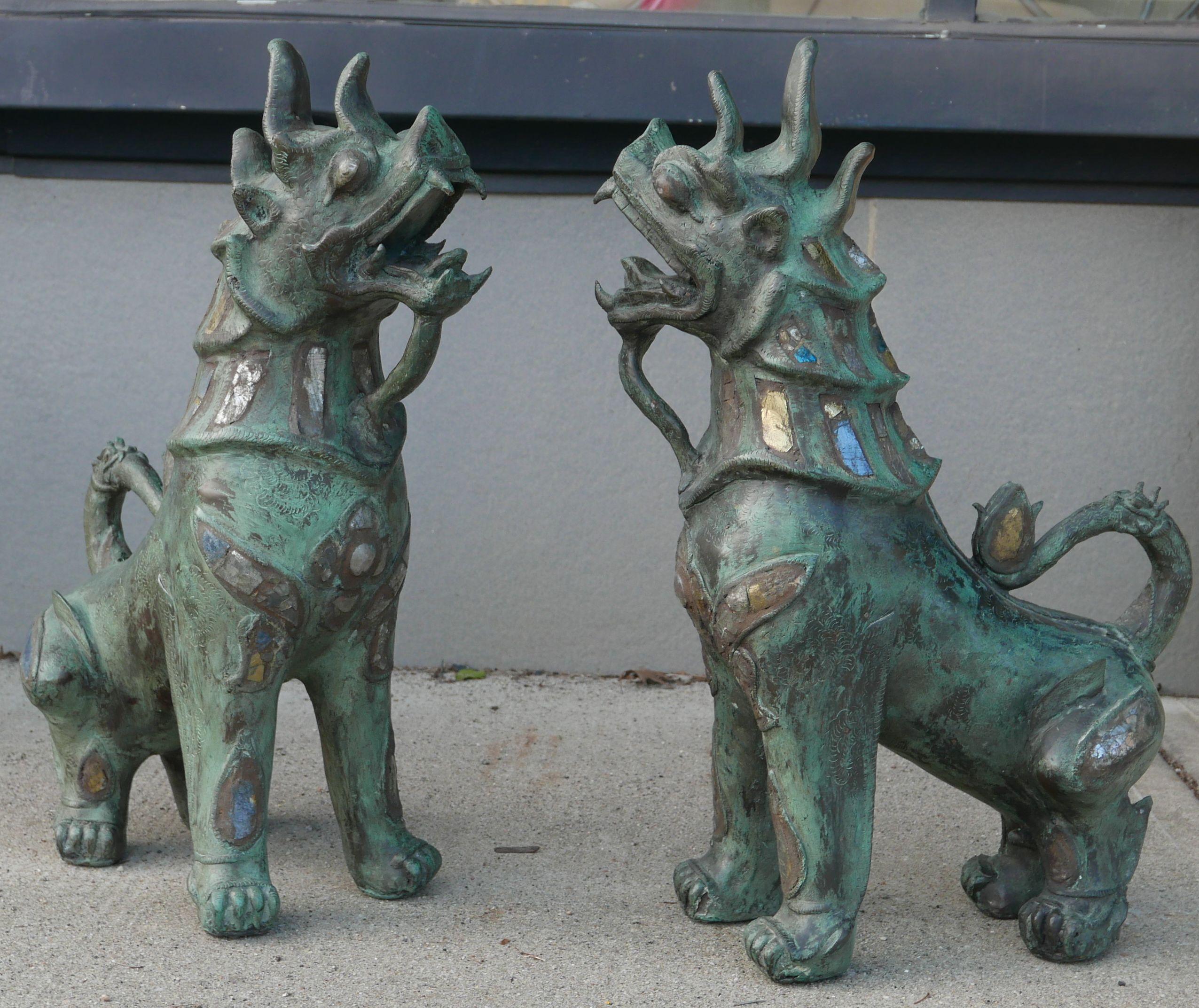 19th Century Tony Duquette Style Thai Bronze Foo Dogs Inset with Antique Mirrors and Agate