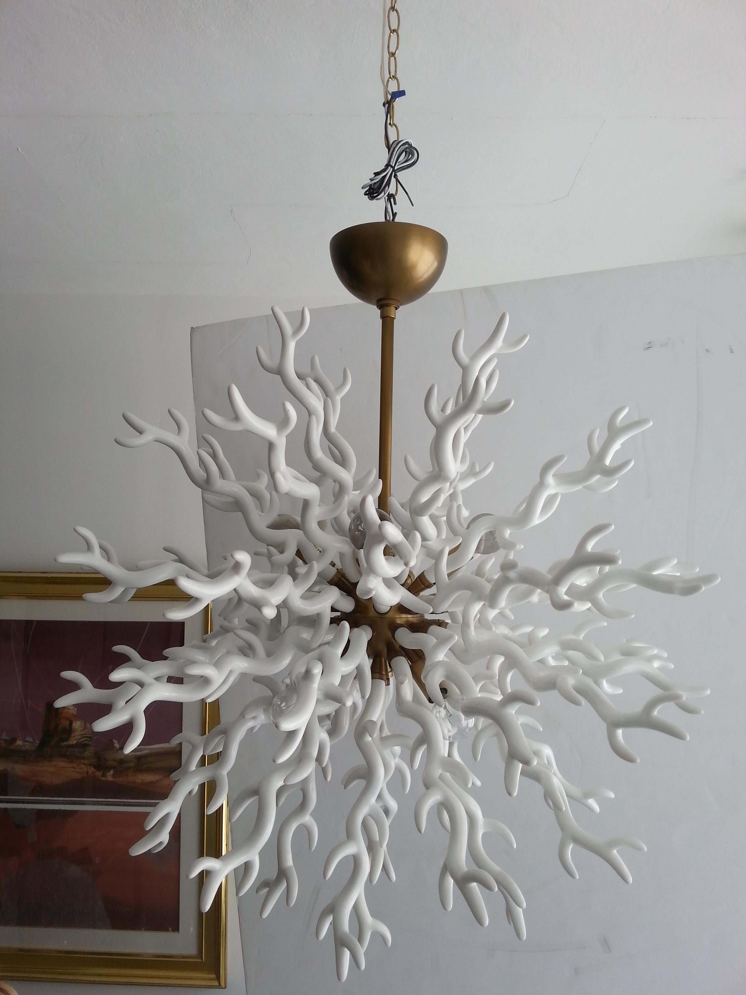 Organic Modern Tony Duquette Style White Faux Coral Chandelier