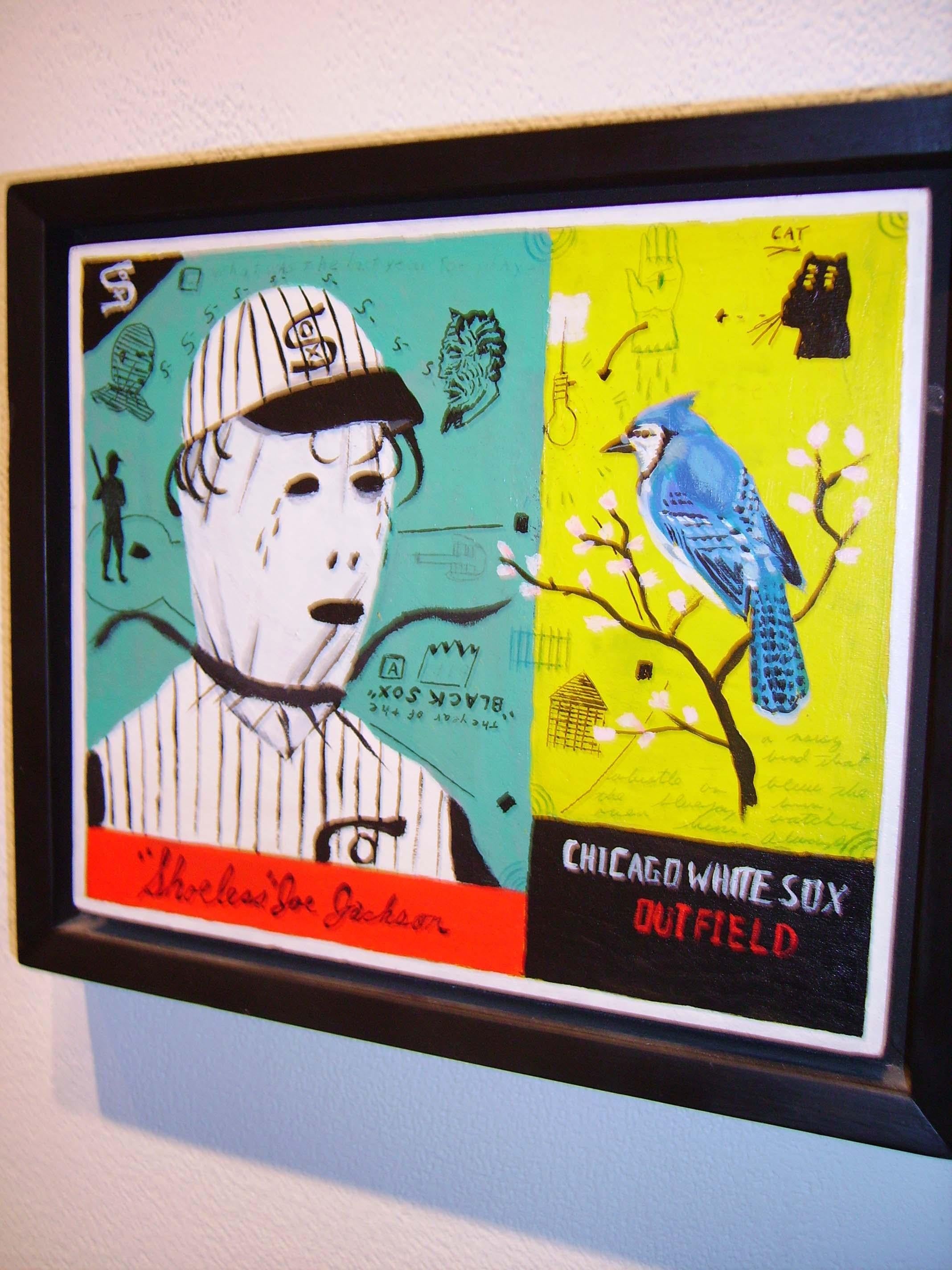 Shoeless Joe Jackson, ink and acrylic horizontal painting on wood panel - Painting by Tony Fitzpatrick