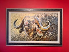 Peinture contemporaine photoréaliste à l'huile sur toile représentant un taureau, dans des tons marron, gris et olive