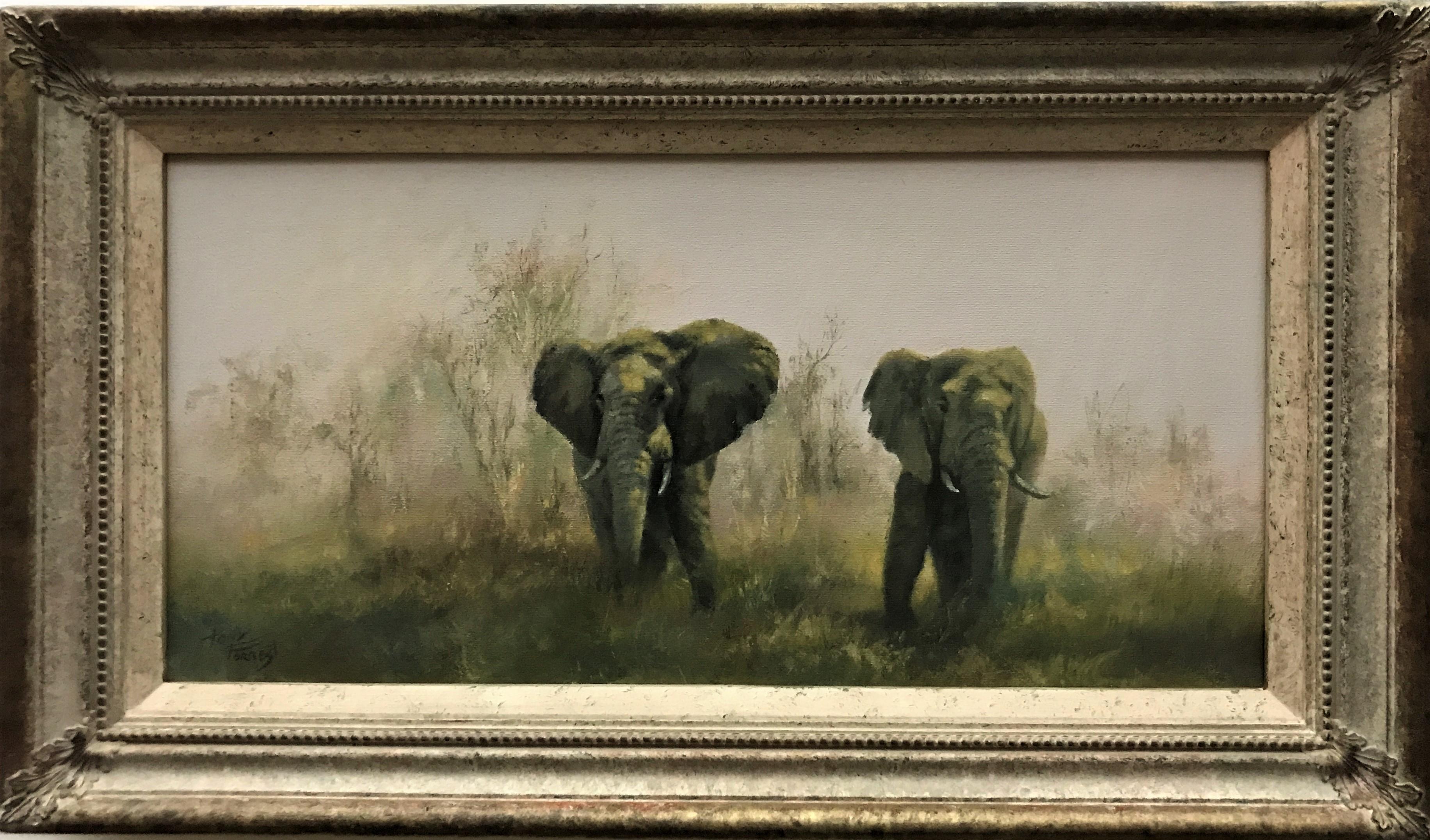 Roused Elephants in Savannah, original oil on canvas contemporary British artist - Painting by Tony Forrest
