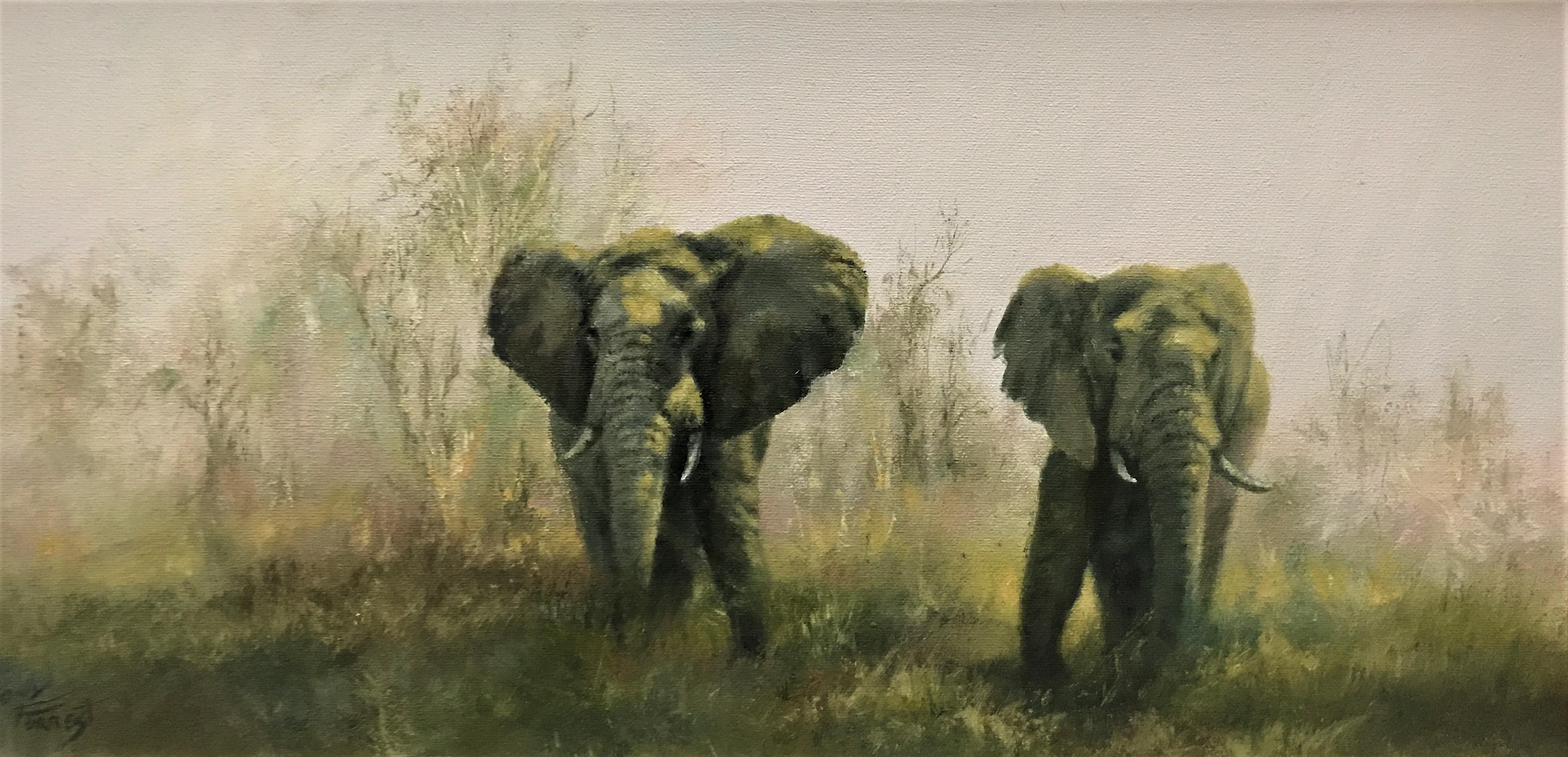 Éléphants enchaînés à Savannah, huile sur toile originale de l'artiste britannique contemporain
