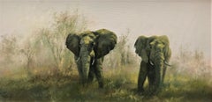 Roused Elephants in Savannah, original oil on canvas contemporary British artist