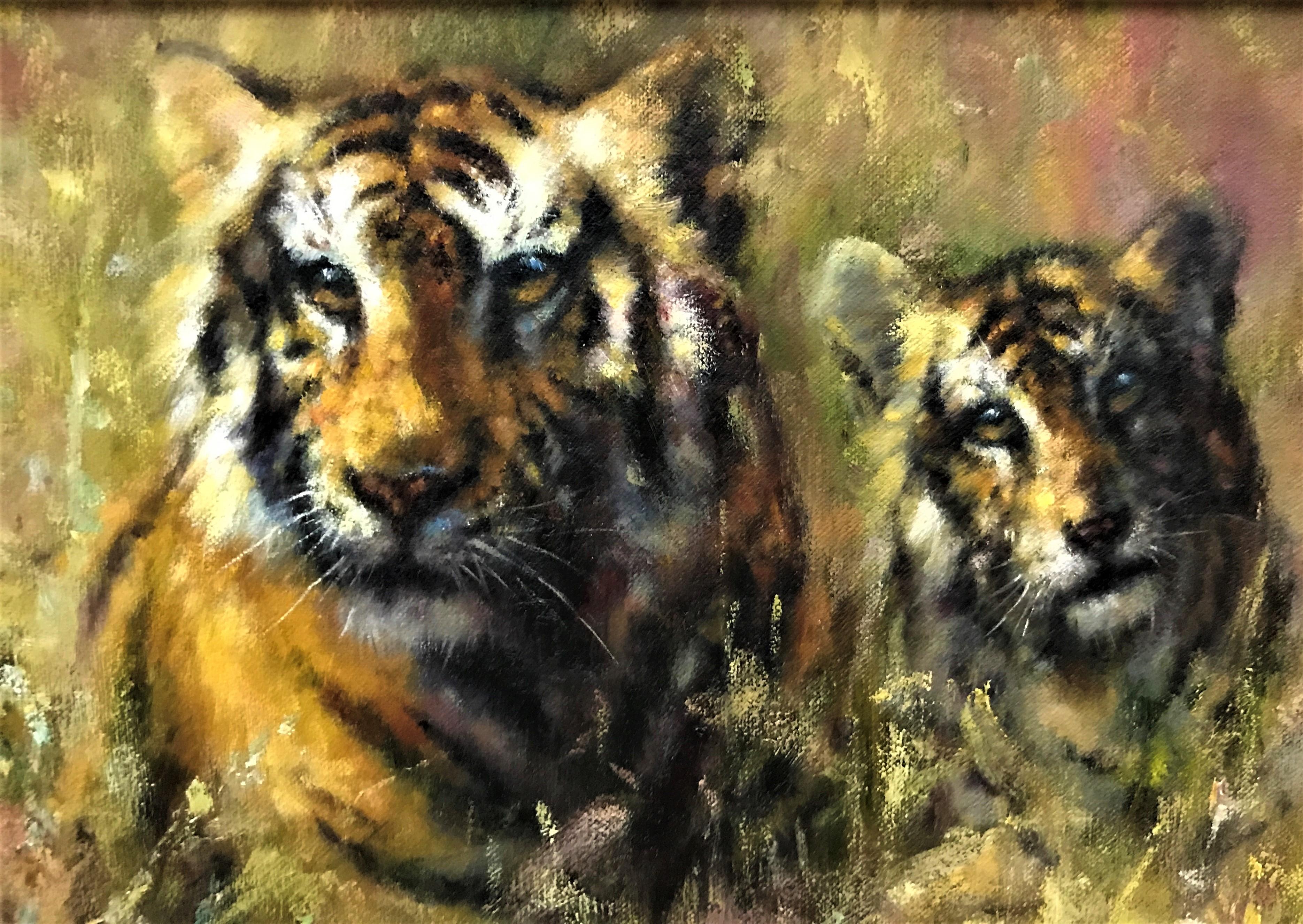 Tiger & Würfel in Gräsern, Öl auf Leinwand, britischer realistischer Maler des 20. Jahrhunderts (Realismus), Painting, von Tony Forrest