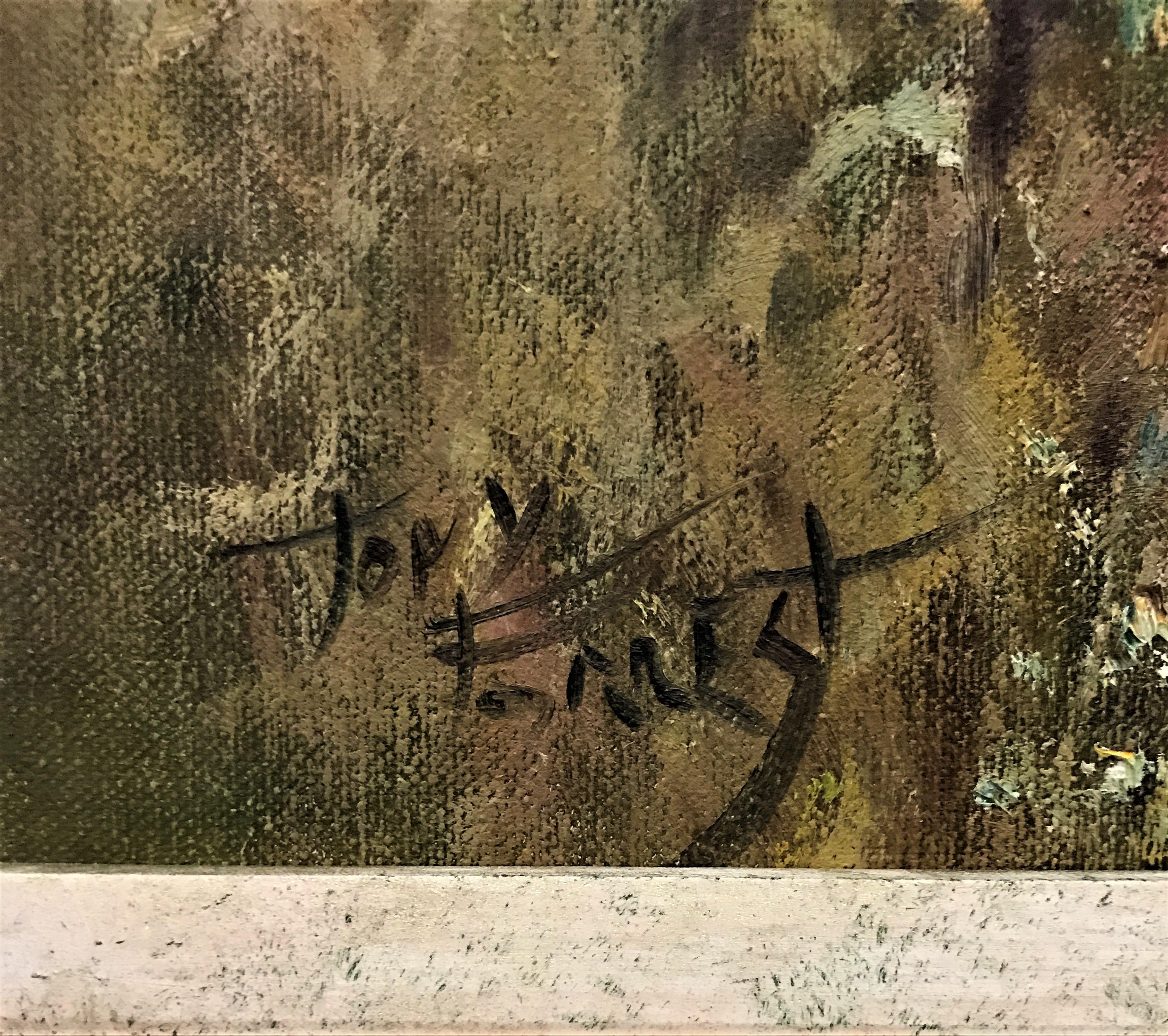 Tiger & Würfel in Gräsern, Öl auf Leinwand, britischer realistischer Maler des 20. Jahrhunderts (Braun), Landscape Painting, von Tony Forrest