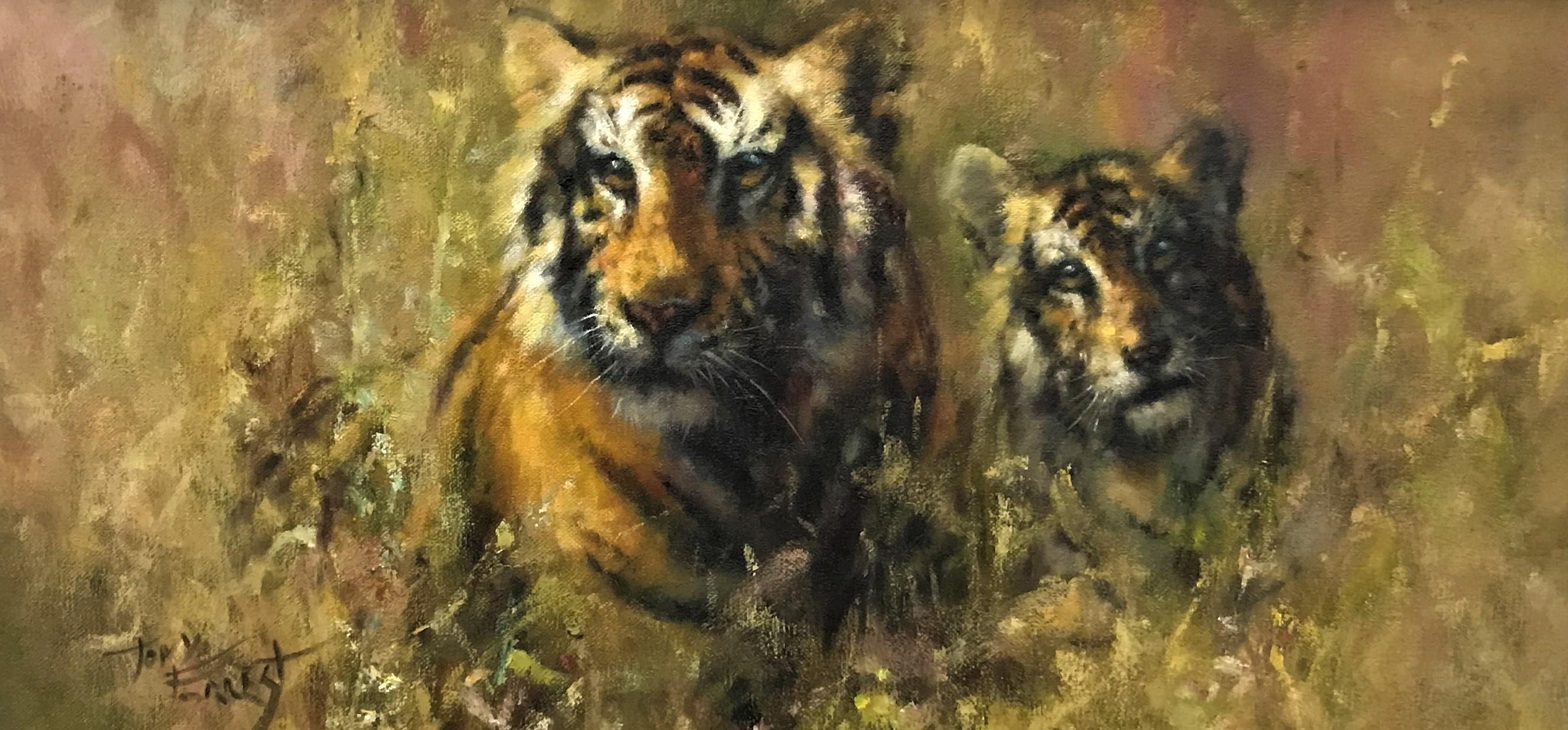 Tiger & Cub in grasses, oil on canvas, 20th C realist British painter