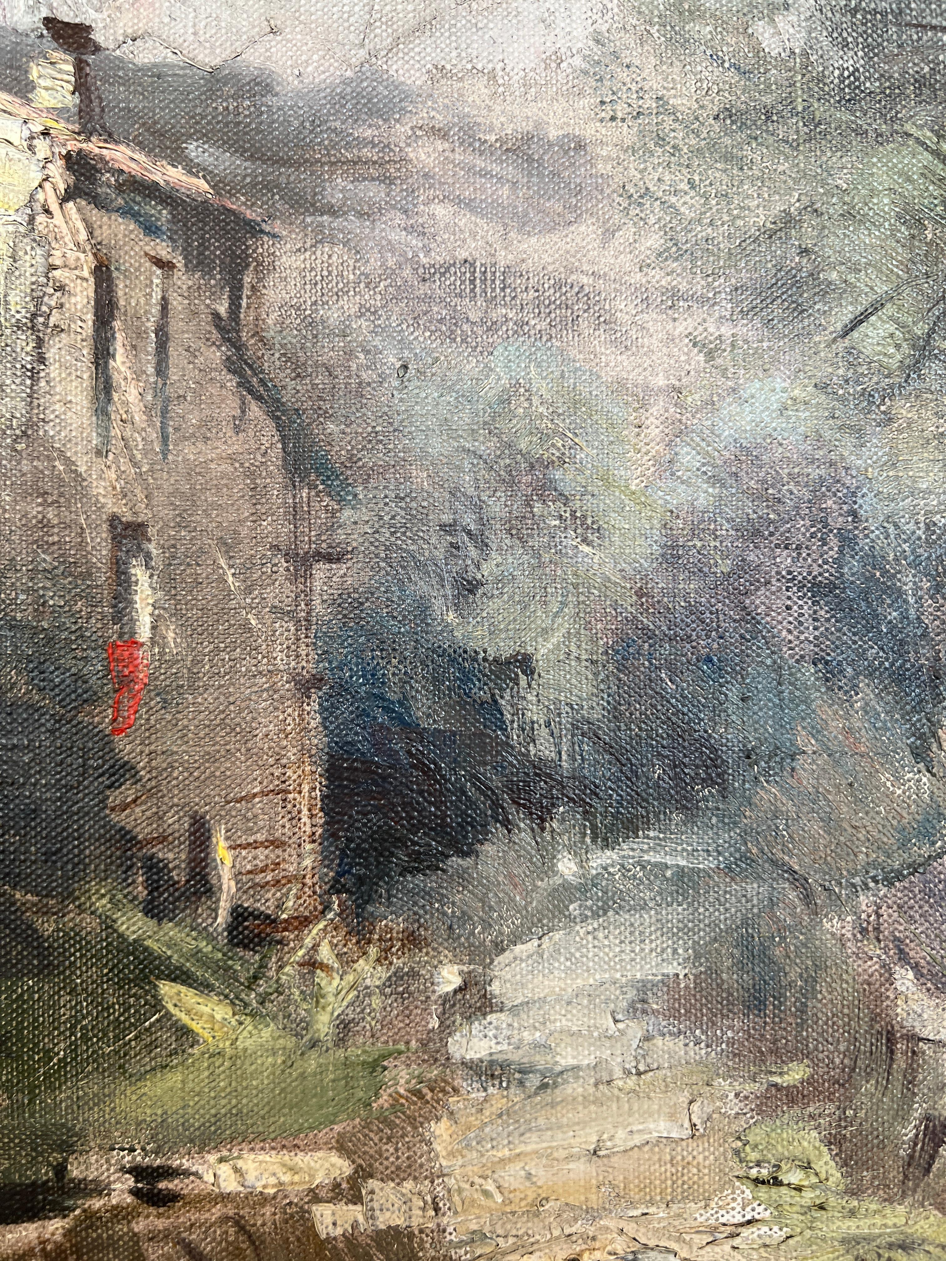Questa suggestiva opera d'arte cattura una scena bucolica intrisa di serenità e nostalgia. L'artista ha usato con maestria una tavolozza di colori tenui per raffigurare un'immagine idilliaca di una campagna pittoresca. La composizione è dominata da