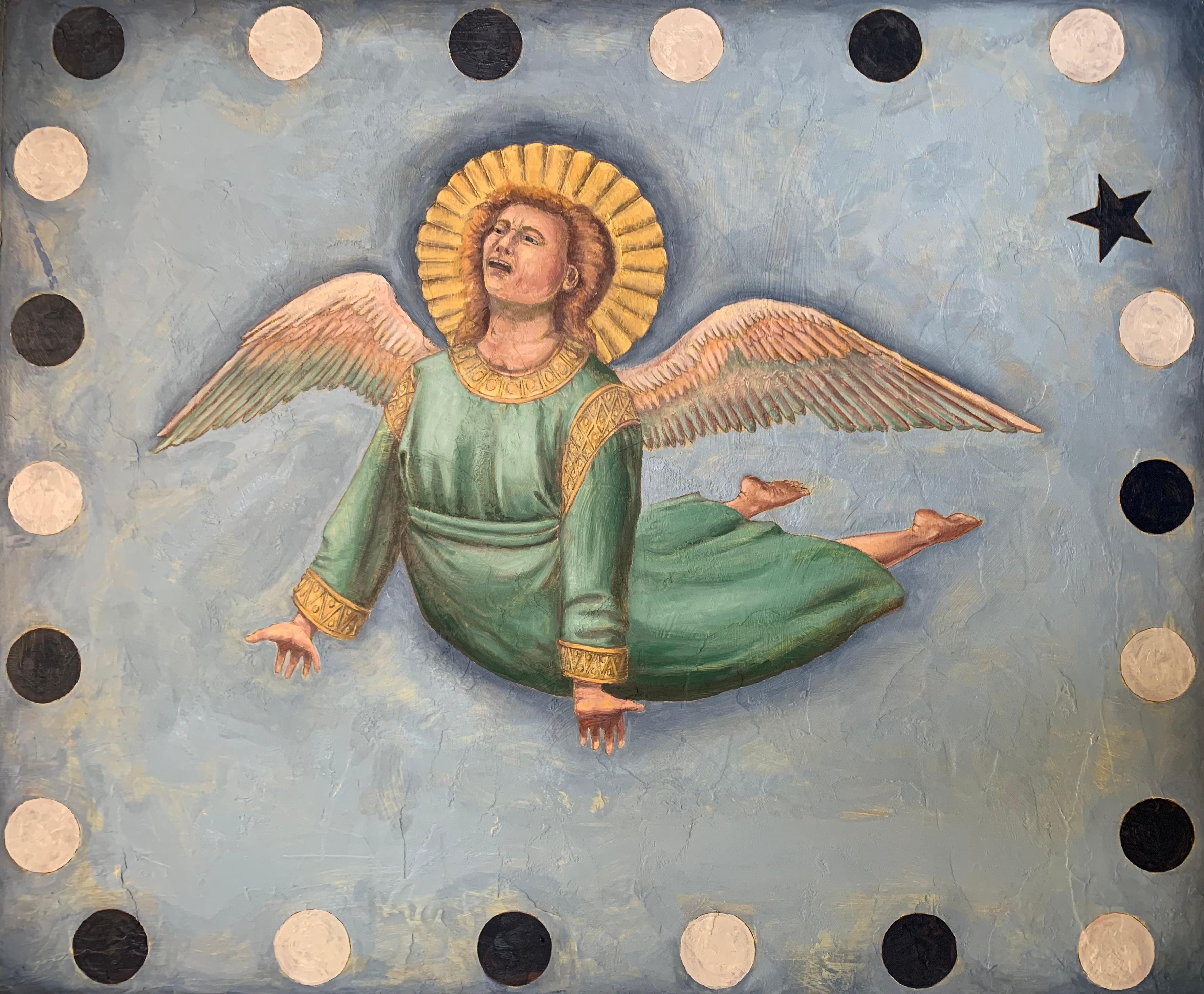 "ANGELO GIOTTO CON CERCHIO E STELLA", olio su tavola, gotico rinascimentale, surreale