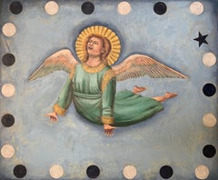 "GIOTTO ANGEL WITH CIRCLE AND STAR", oil on wood, renaissance gothic, surreal