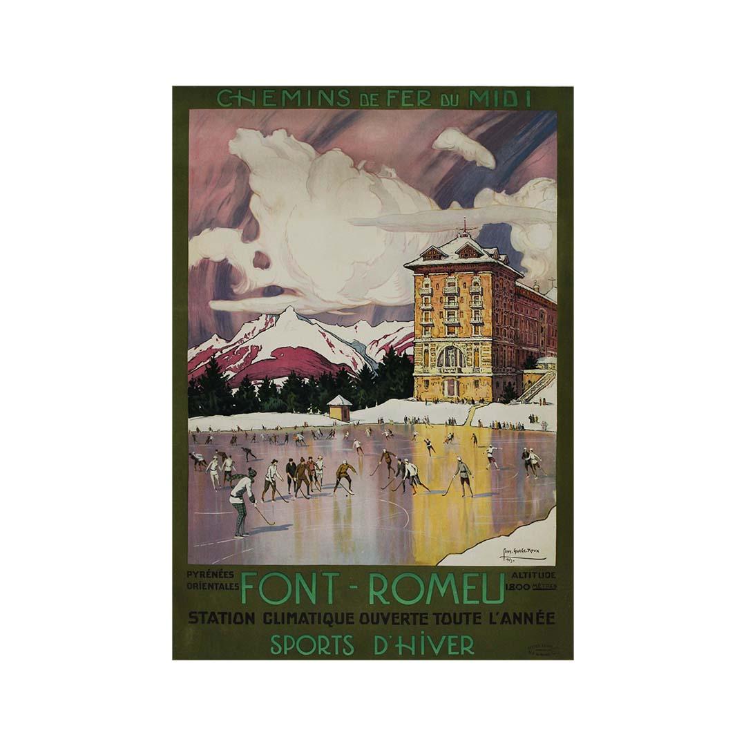 Tony Georges Roux's 1923 masterpiece for Chemins de fer du Midi transports viewers to the enchanting winter wonderland of Font Romeu in the Pyrénées Orientales. This artful creation not only promotes the allure of winter sports but also captures the