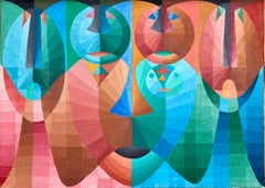 Pintura geométrica abstracta op art vibrante de color joya Años 60 franceses