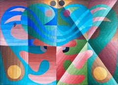 Vibrant colourful op art abstract geometric painting French 1960s