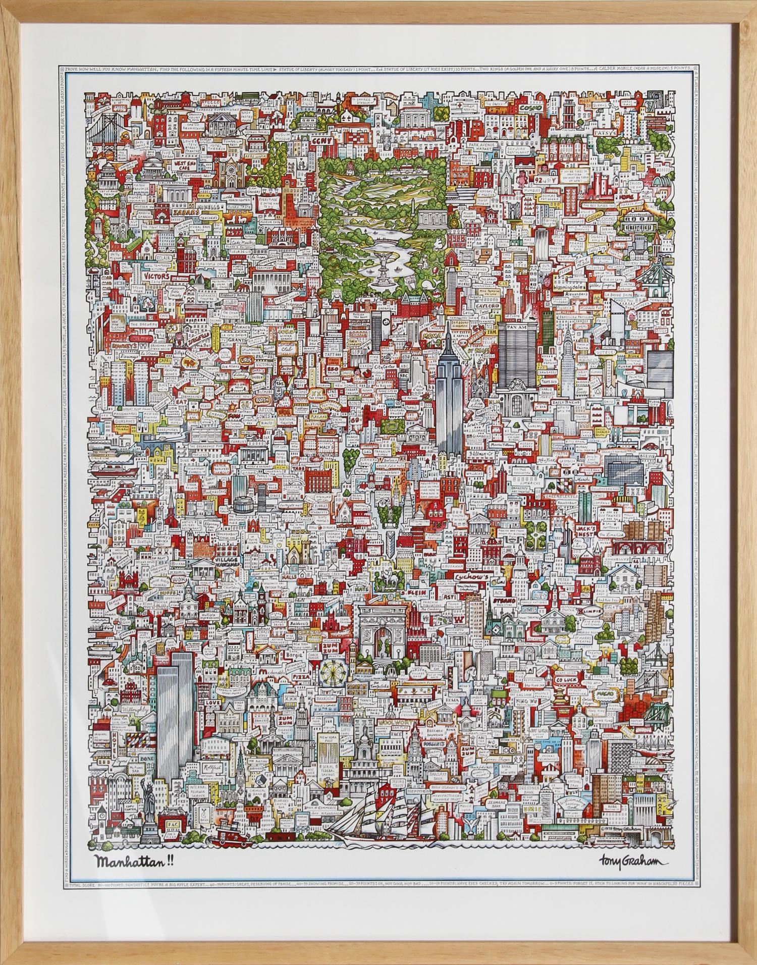 Tony Graham is a graphic artist known for his drawings and prints of New York City. “Manhattan” is the artist’s most iconic and collectible image published in 1978. Nicely framed.

Manhattan!! by Tony Graham, American (1933–1992)
Date: