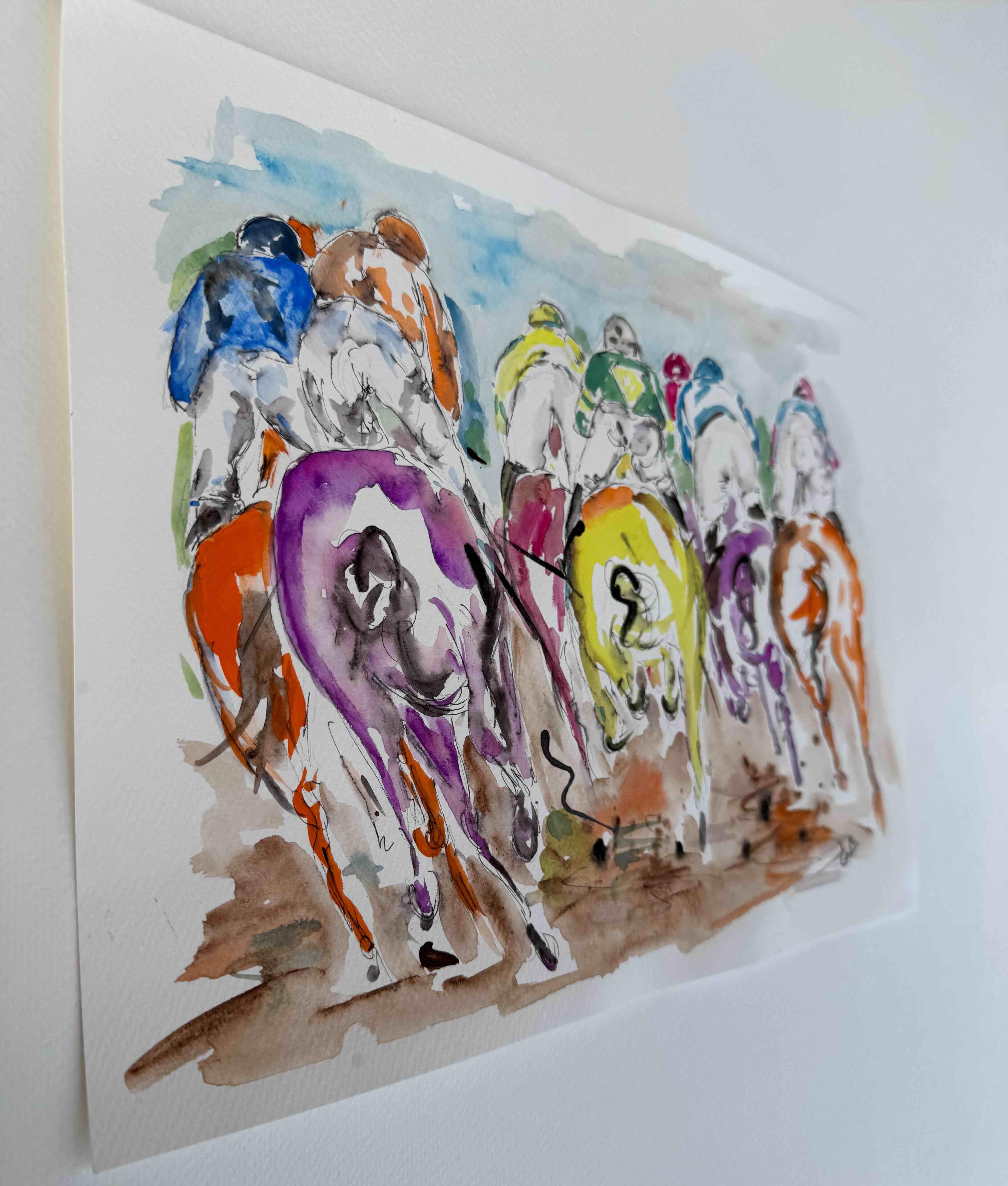 Garth Bayley Garth Bayley. Bobbing Bottoms -Horses Racing Original Feder, Aquarell und Tinte Malerei auf Aquarellpapier Stift und Tinte auf Papier Bildgröße: H24 cm x B32 cm x T 0.1cm Verkauft Ungerahmt Bitte beachten Sie, dass in situ Bilder sind
