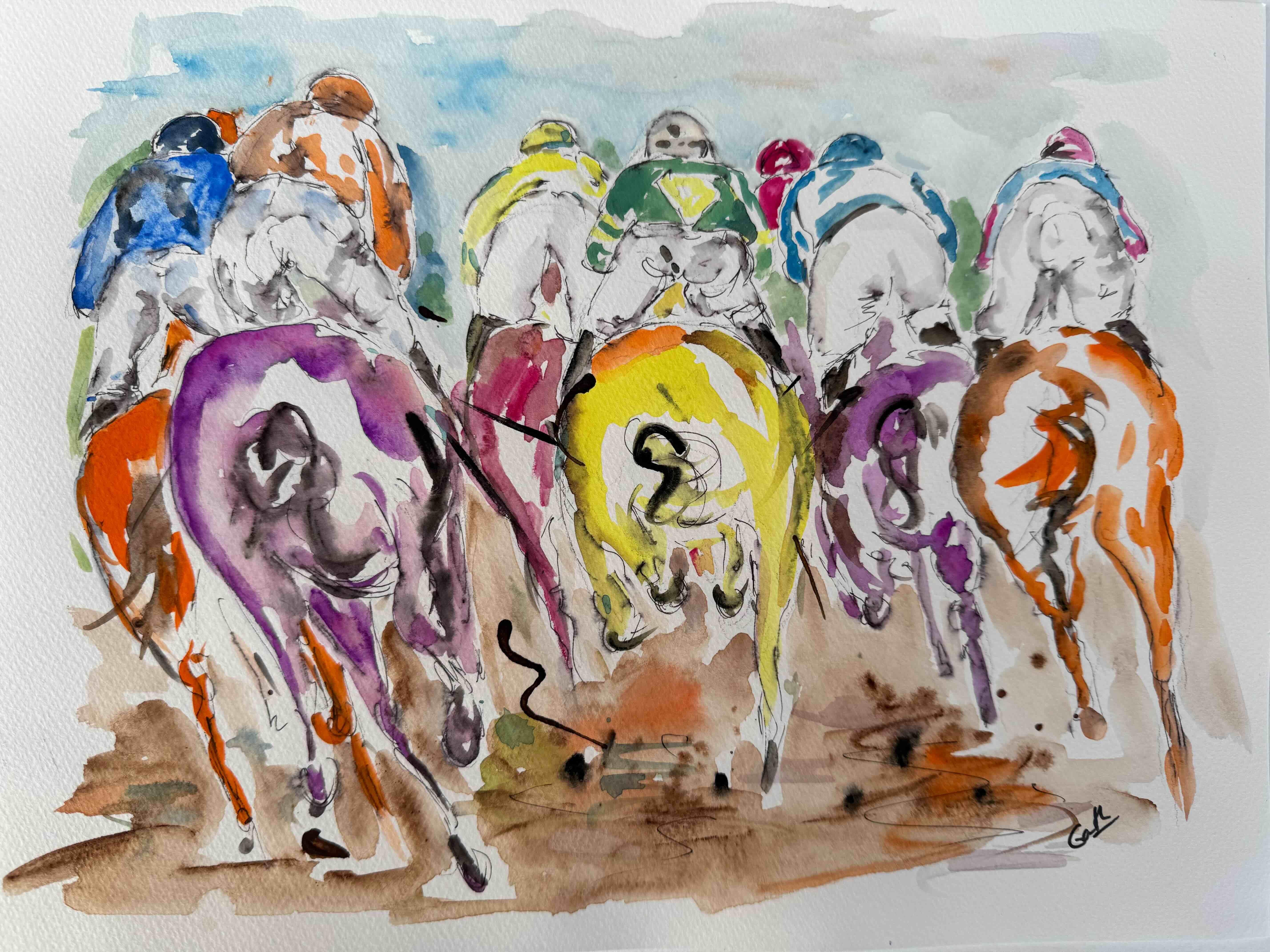 Tony Green Animal Painting – Bobbing Bottoms - Pferderennen, Originalgemälde, abstrakt, zeitgenössisch