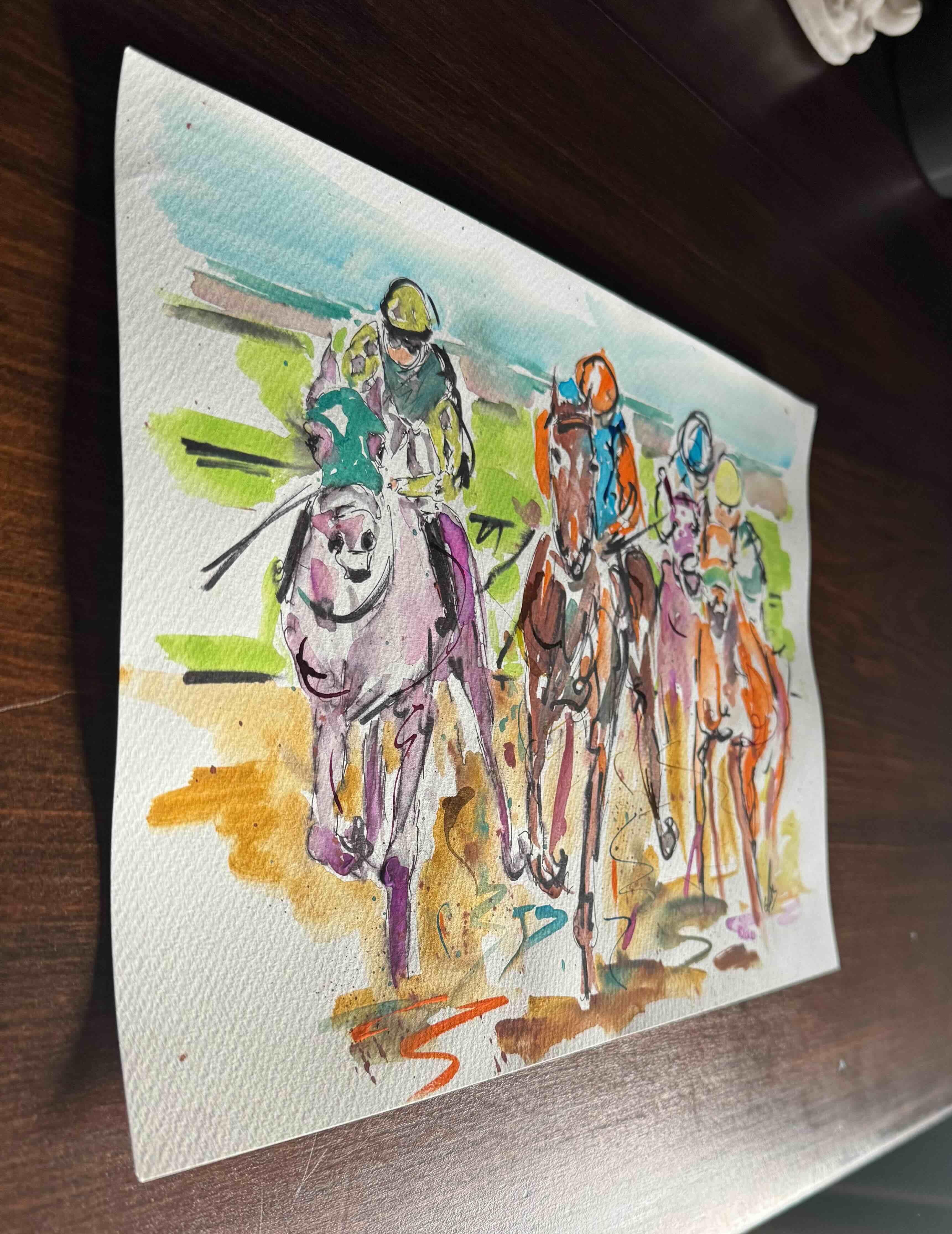 Garth Bayley Garth Bayley. Me First -Horses Racing Originalgemälde mit Feder, Aquarell und Tinte auf Aquarellpapier Stift und Tinte auf Papier Bildgröße: H24 cm x B32 cm x T 0,1cm Verkauft ohne Rahmen Bitte beachten Sie, dass die Bilder in situ nur