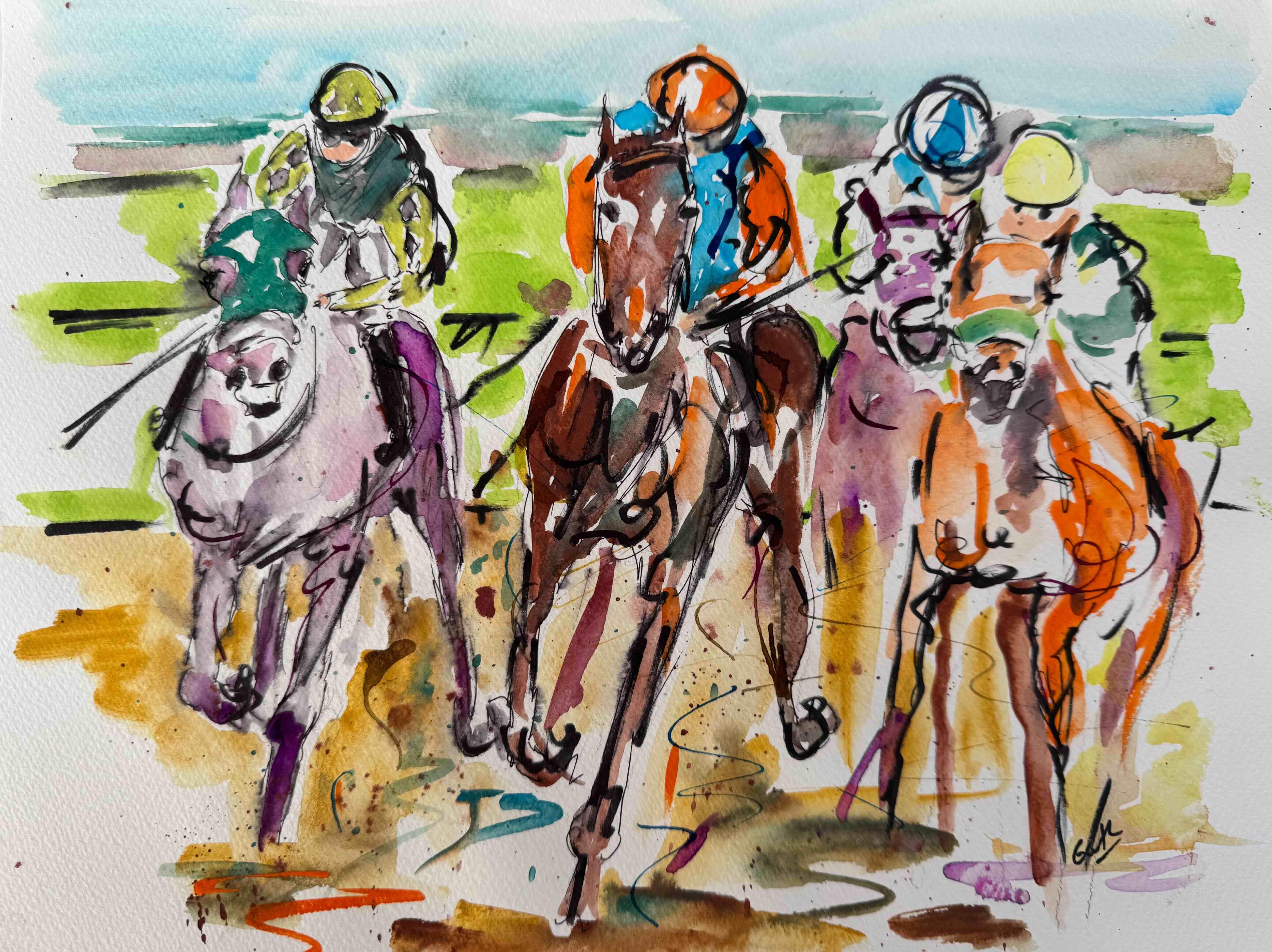 Yo Primero - Carreras de Caballos, pintura original, abstracta, contemporánea