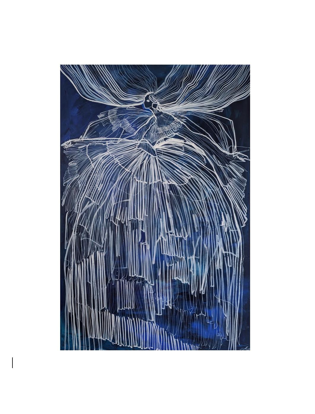 Created in Acrylics, The Rapunzel like silhouette with flowing hair sits on top of layers of Caribbean tones, deep midnights and cobalts blues. Fine white spontaneous and fluid lines build up the figure that dominates the canvas . The painting has a