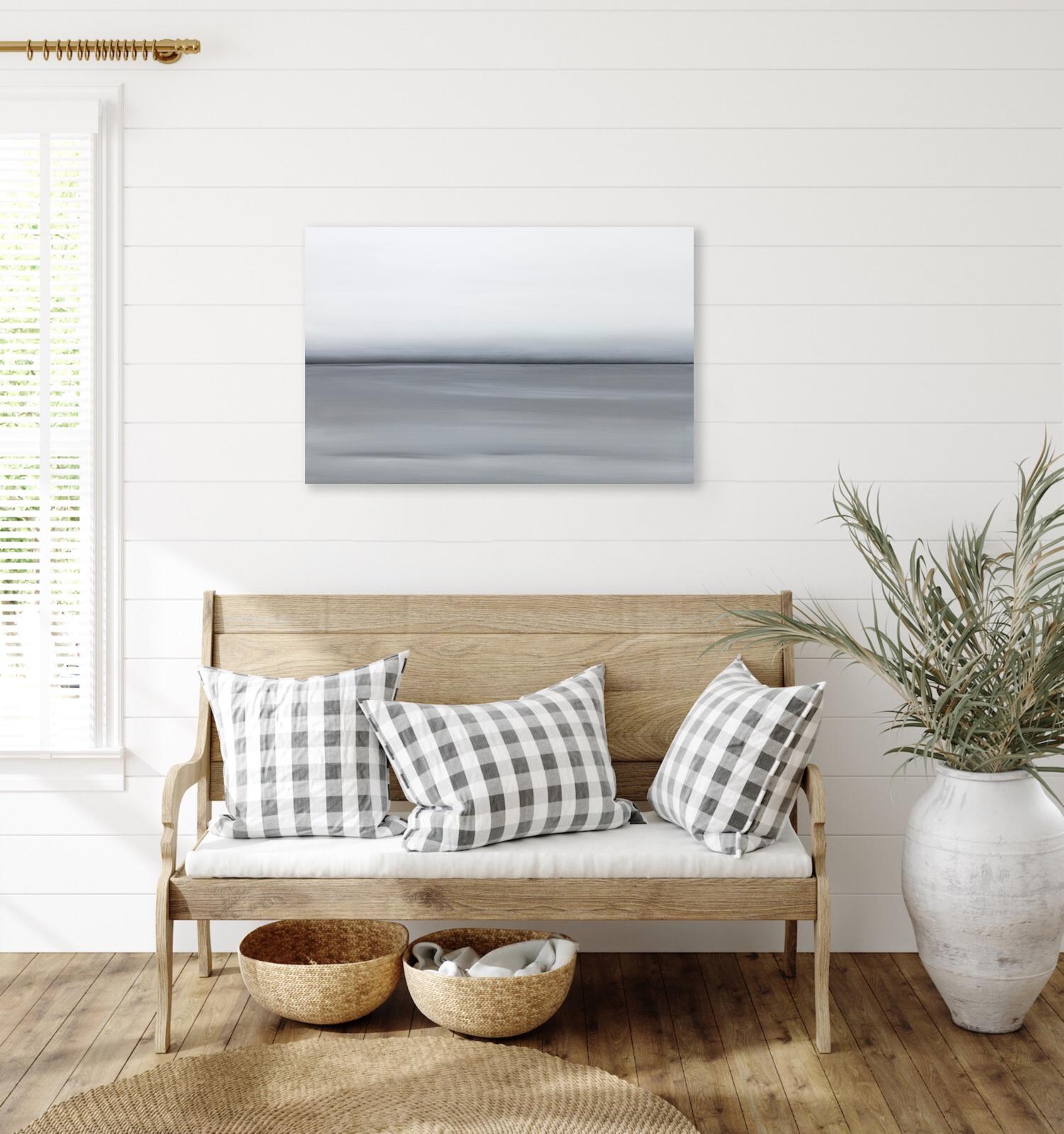 This abstract oil painting by Tony Iadicicco features a monochromatic palette with varying grey tones. The painting has a dark, stark horizon line and blended greys above and below it, evoking the feeling of a serene land or seascape. The painting