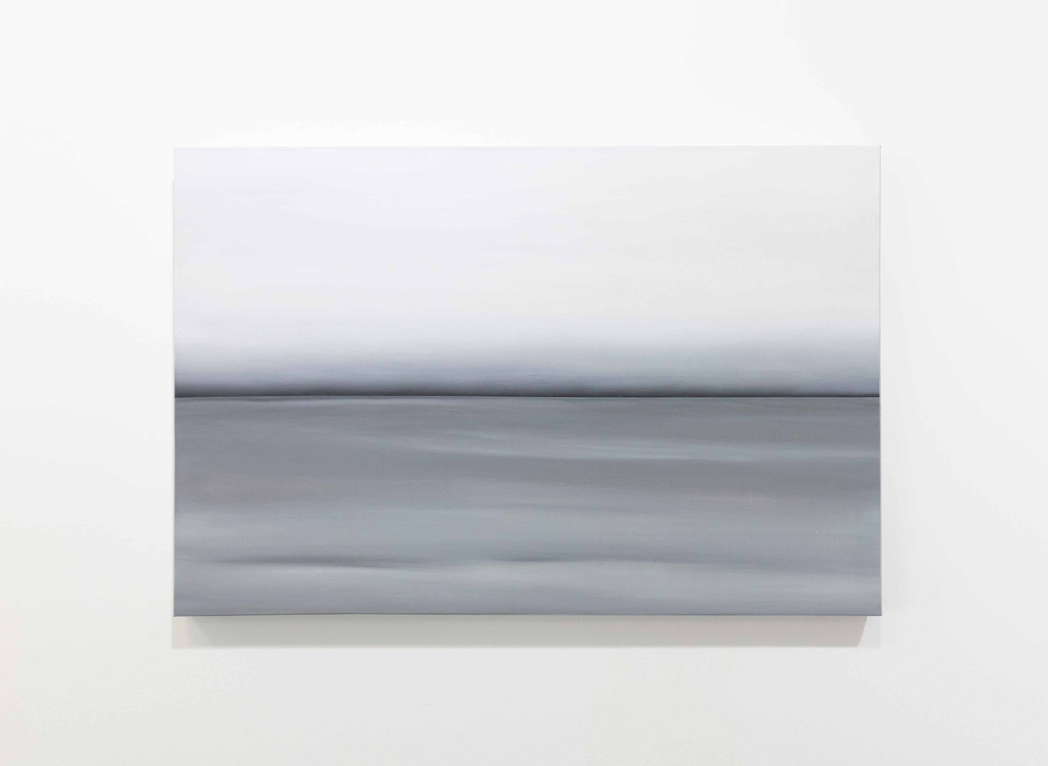 This abstract oil painting by Tony Iadicicco features a monochromatic palette with varying grey tones. The painting has a dark, stark horizon line and blended greys above and below it, evoking the feeling of a serene land or seascape. The painting