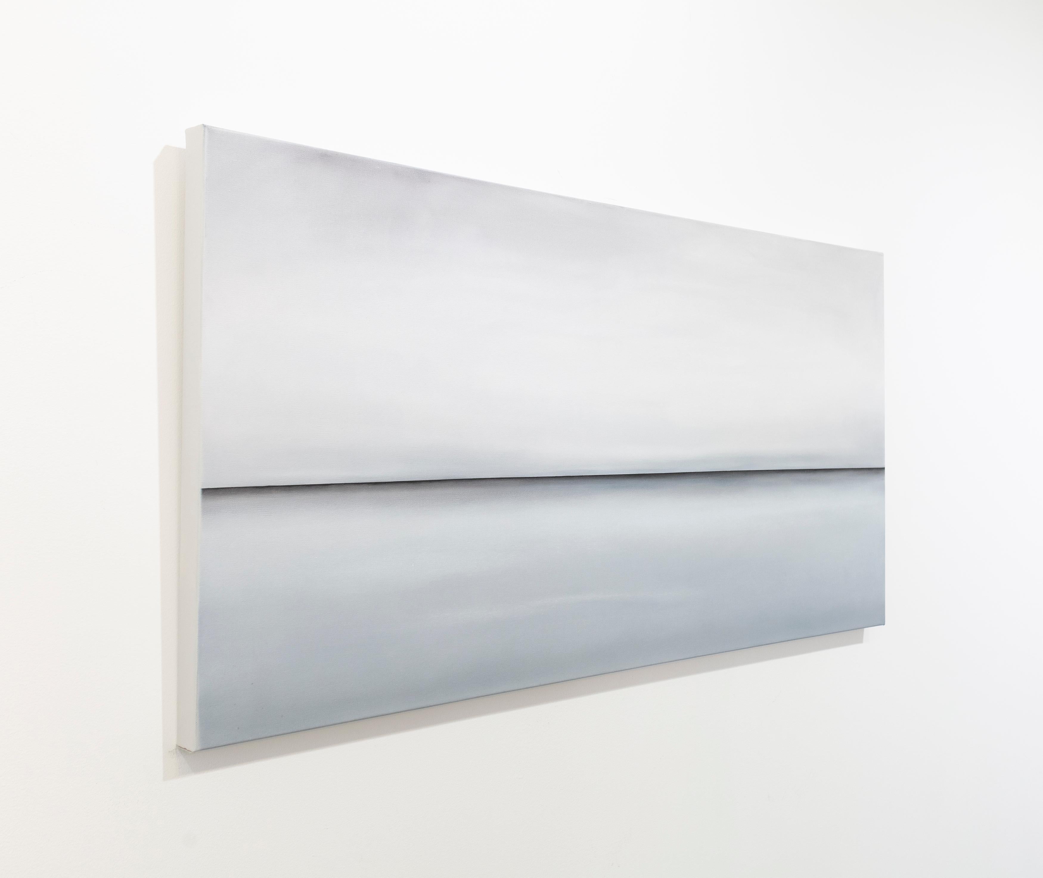 This abstract oil painting by Tony Iadicicco features a light grey palette. The painting has an abstracted landscape composition, with a stark horizon line running through the composition and soft, blended grey tones above and below it, evoking the