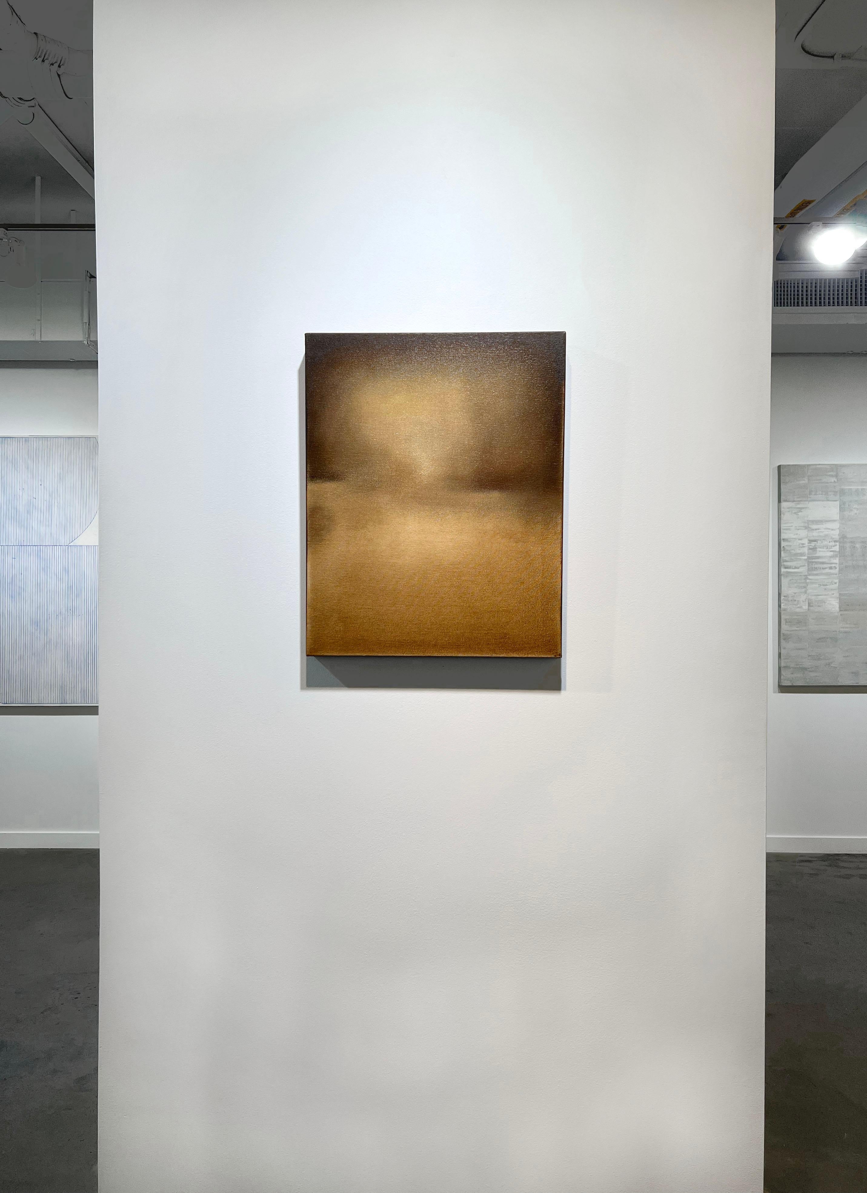 This abstract painting by Tony Iadicicco is made with oil paint on canvas. It features a warm umber palette with soft blended color forming an abstract composition with a vague horizon line. The painting has dark brown finished sides, and is wired