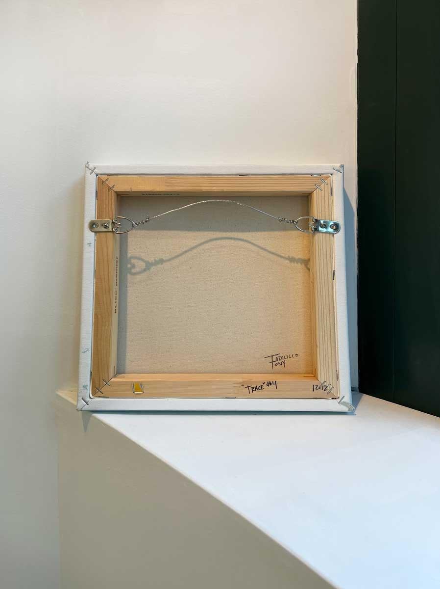 Questo quadro astratto di Tony Iadicicco è caratterizzato da una tavolozza di grigi chiari. L'artista mescola leggere sfumature di grigio per creare una composizione paesaggistica quasi astratta. Questo piccolo pezzo è stato realizzato con pittura a