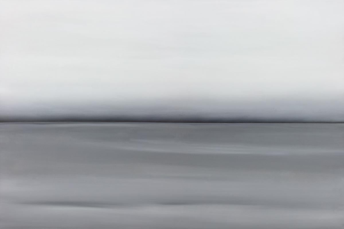 This abstract landscape limited edition print by Tony Iadicicco features a monochromatic palette with varying grey tones. The painting has a dark, stark horizon line and blended greys above and below it, evoking the feeling of a serene land or