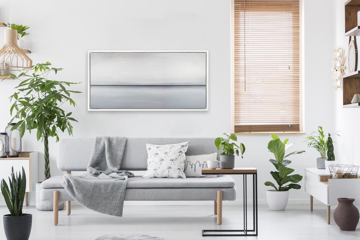 This abstract landscape limited edition print by Tony Iadicicco features a light grey palette. It has an abstracted landscape composition, with a stark horizon line running through the composition and soft, blended grey tones above and below it,
