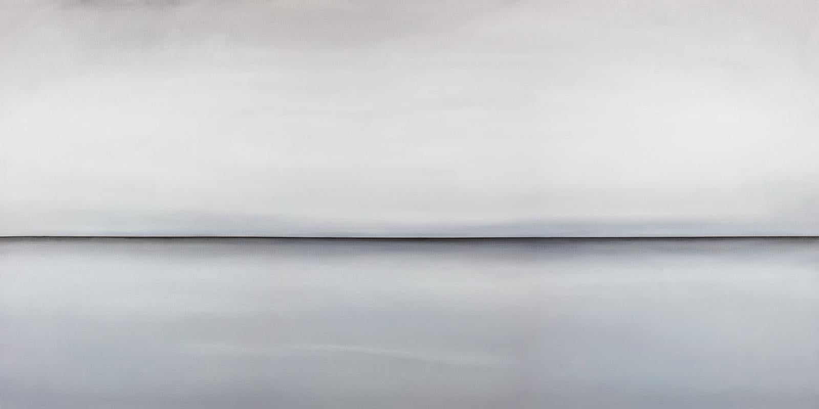 This abstract landscape limited edition print by Tony Iadicicco features a light grey palette. It has an abstracted landscape composition, with a stark horizon line running through the composition and soft, blended grey tones above and below it,