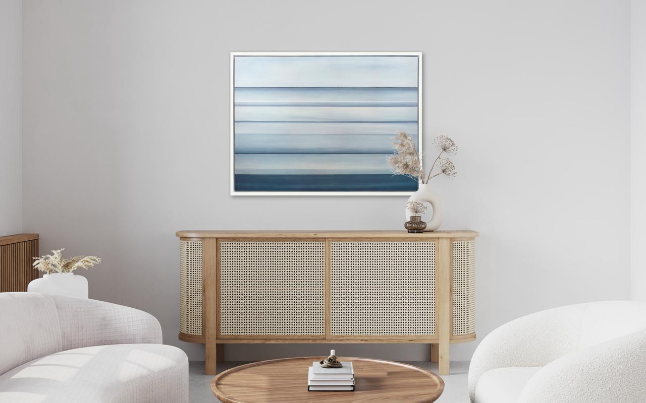 This abstract landscape limited edition print by Tony Iadicicco features a blue monochromatic palette. It has an abstracted landscape composition, with several stark horizon lines and soft blue blended colors between each - evoking the sense of a