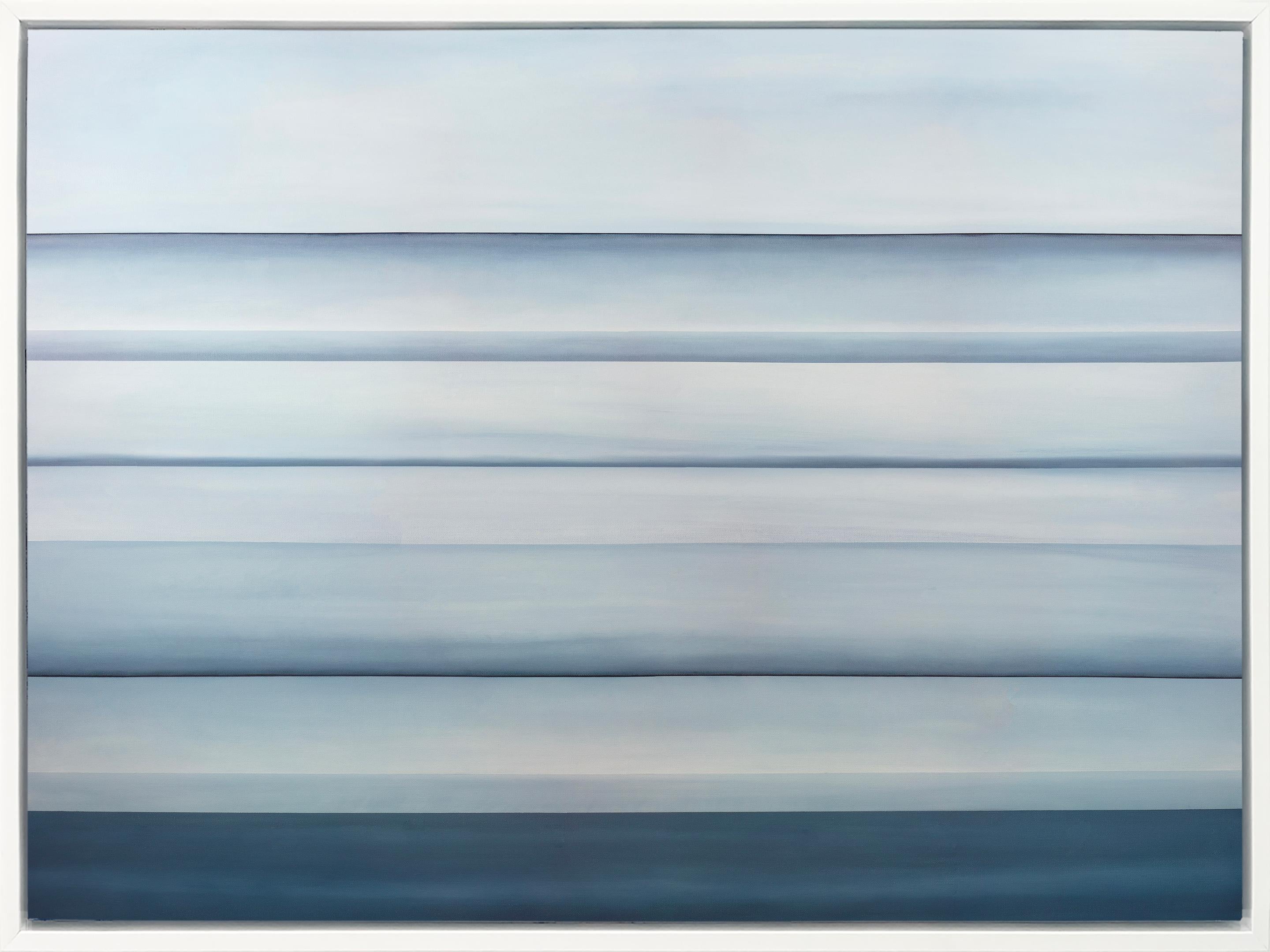 This abstract landscape limited edition print by Tony Iadicicco features a blue monochromatic palette. It has an abstracted landscape composition, with several stark horizon lines and soft blue blended colors between each - evoking the sense of a