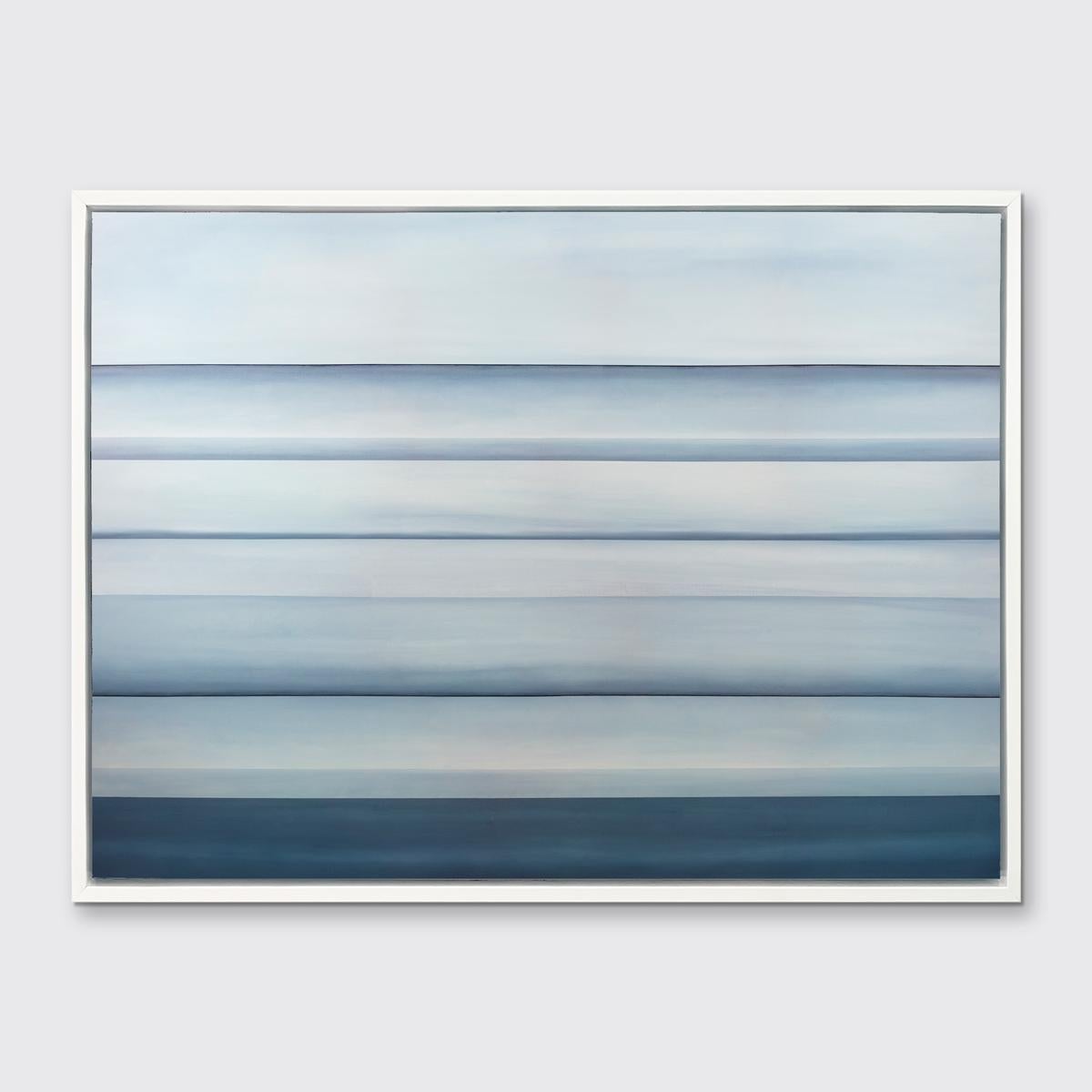 Questo paesaggio astratto stampato in edizione limitata da Tony Iadicicco è caratterizzato da una tavolozza monocromatica blu. Si tratta di una composizione astratta di un paesaggio, con diverse linee di orizzonte e colori blu tenui tra l'una e