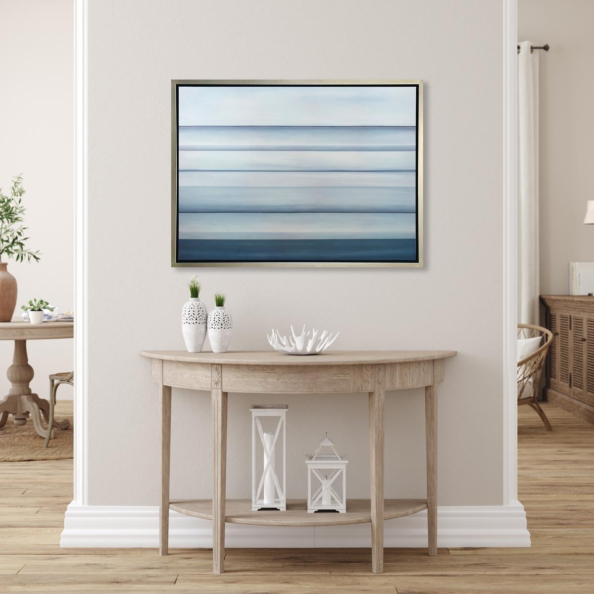 Ce paysage abstrait imprimé en édition limitée par Tony Iadicicco présente une palette monochromatique bleue. Il s'agit d'une composition paysagère abstraite, avec plusieurs lignes d'horizon très marquées et des couleurs bleues douces mélangées